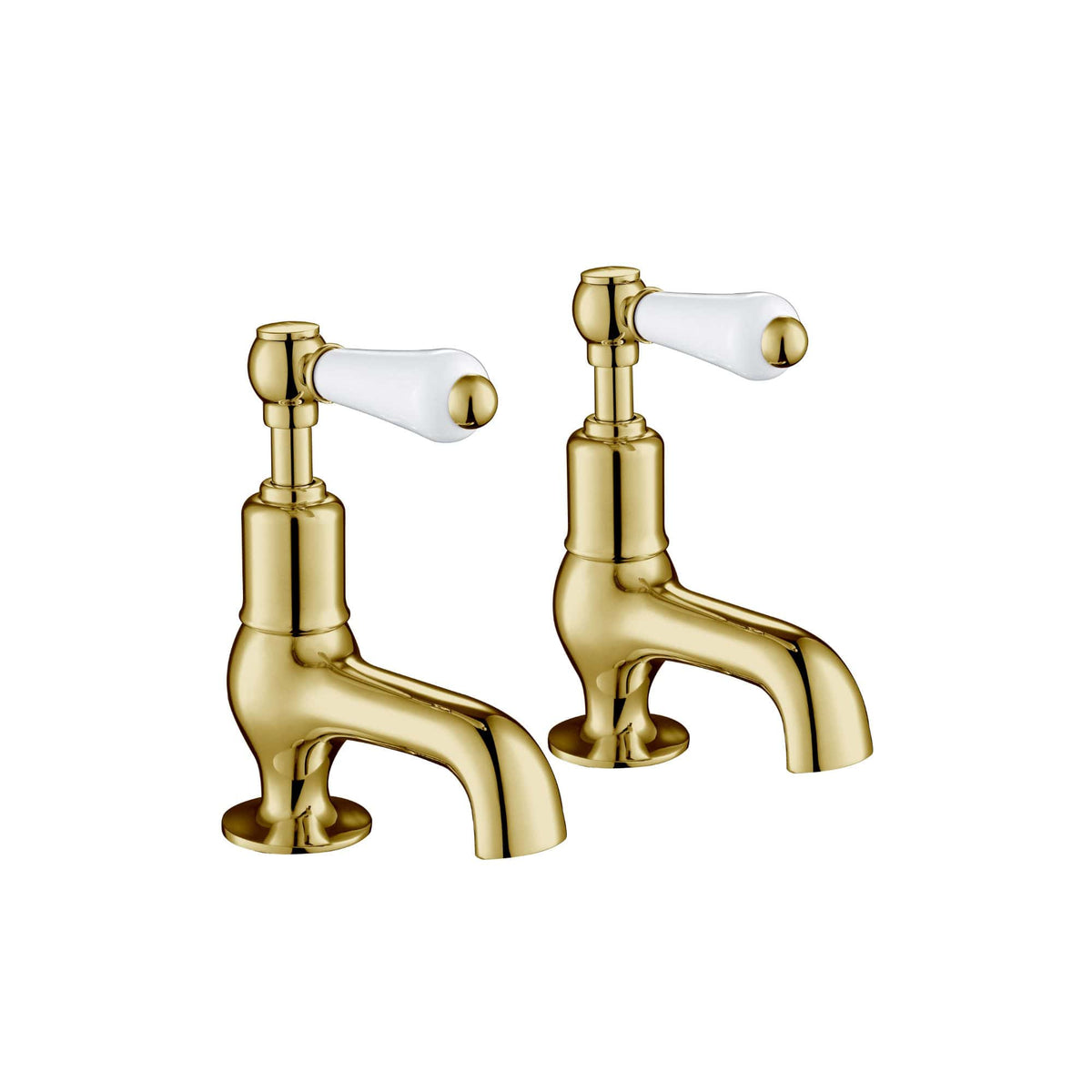 Brass bathroom taps with white ceramic handles, vintage style, set of two. Perfect for modern or traditional bathroom designs, combining elegance and functionality.