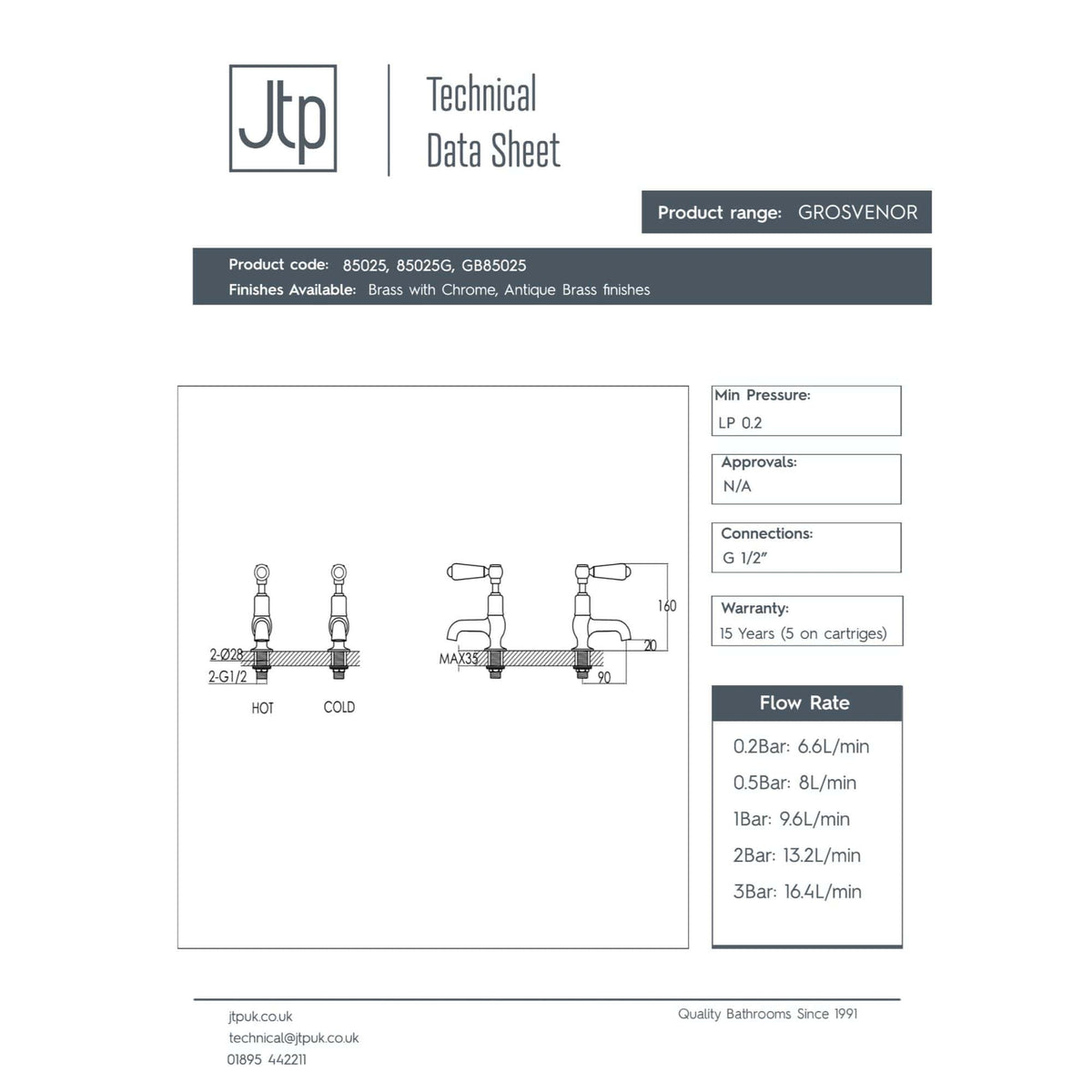 Brass bathroom mixer tap with chrome finish, ideal for hot and cold water supply, includes detailed technical specifications and flow rate information for Bubly Bathrooms.