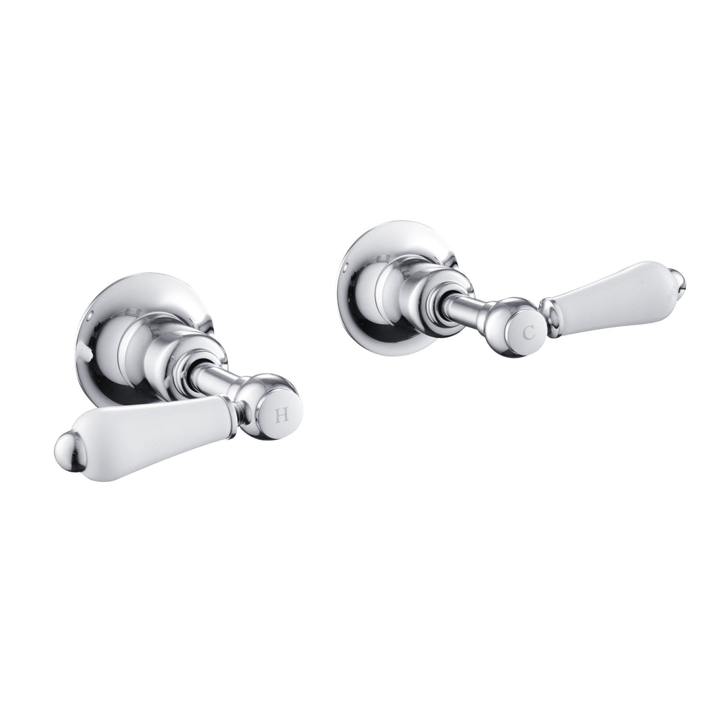 Polished chrome hot and cold bathroom tap handles, traditional lever design for stylish water control. Perfect for completing classic bathroom or kitchen fixtures.