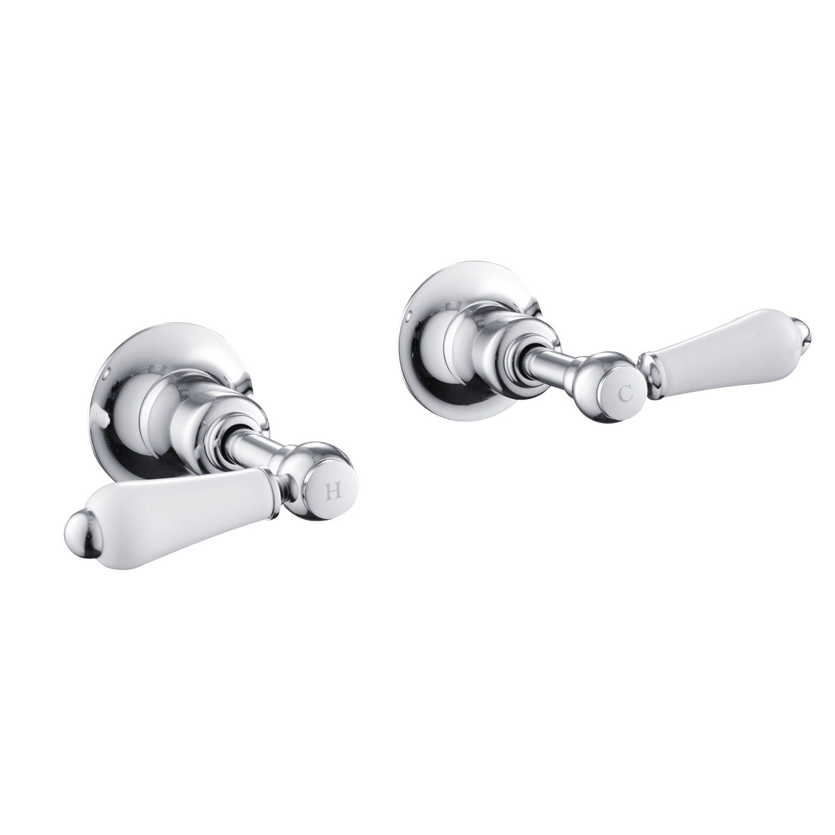 Polished chrome hot and cold bathroom tap handles, traditional lever design for stylish water control. Perfect for completing classic bathroom or kitchen fixtures.