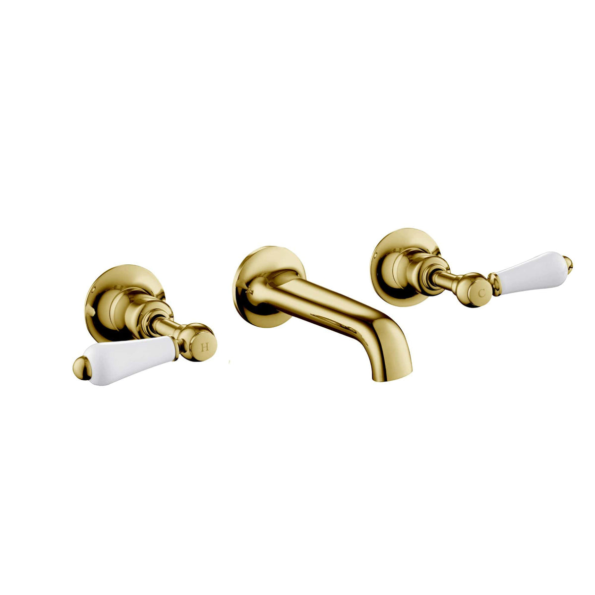Antique gold bathroom sink tap with dual white handle controls for hot and cold water, elegant vintage design, perfect for luxurious bathroom fixtures.