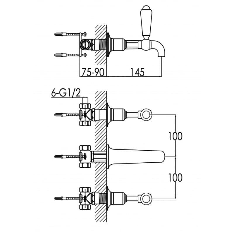 Brass bathroom tap installation diagram showing dimensions and connection details for plumbing repair and renovation projects.