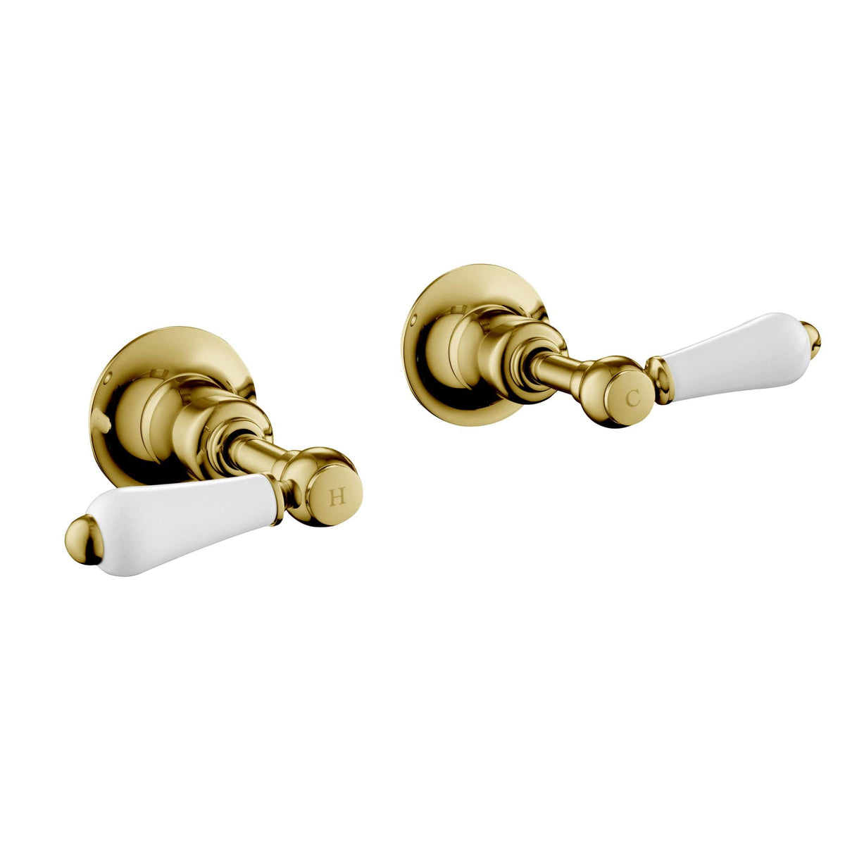 Polished gold and white bathroom taps with elegant vintage design, perfect for luxury bathroom fixtures. High-quality fixtures from Bubly Bathrooms offering timeless style and durability.