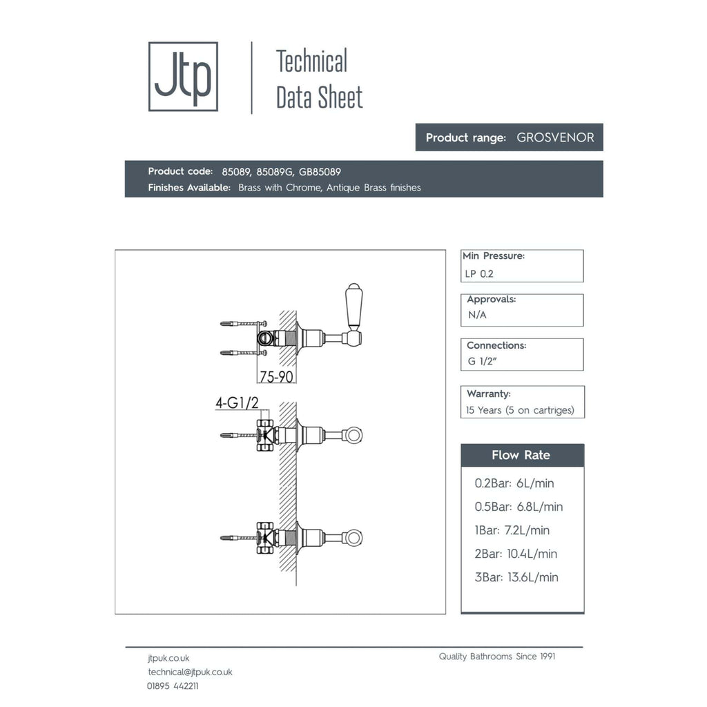 GROSVENOR bathroom valve technical data sheet with brass finish and chrome options for high-quality bathroom fittings. Suitable for various water pressure levels, with detailed dimensions and installation guidance.