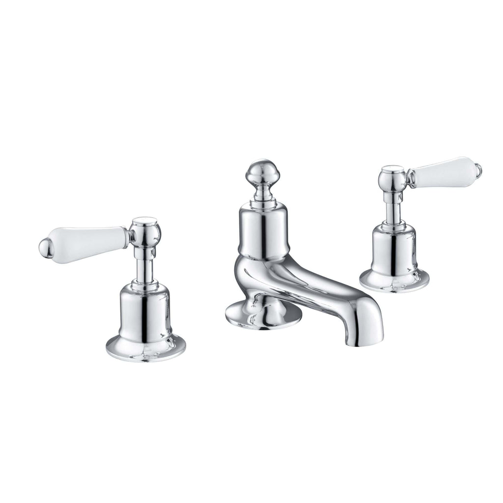 Polished chrome bathroom tap with separate hot and cold handles, elegant design, ideal for classic or vintage bathroom styles.