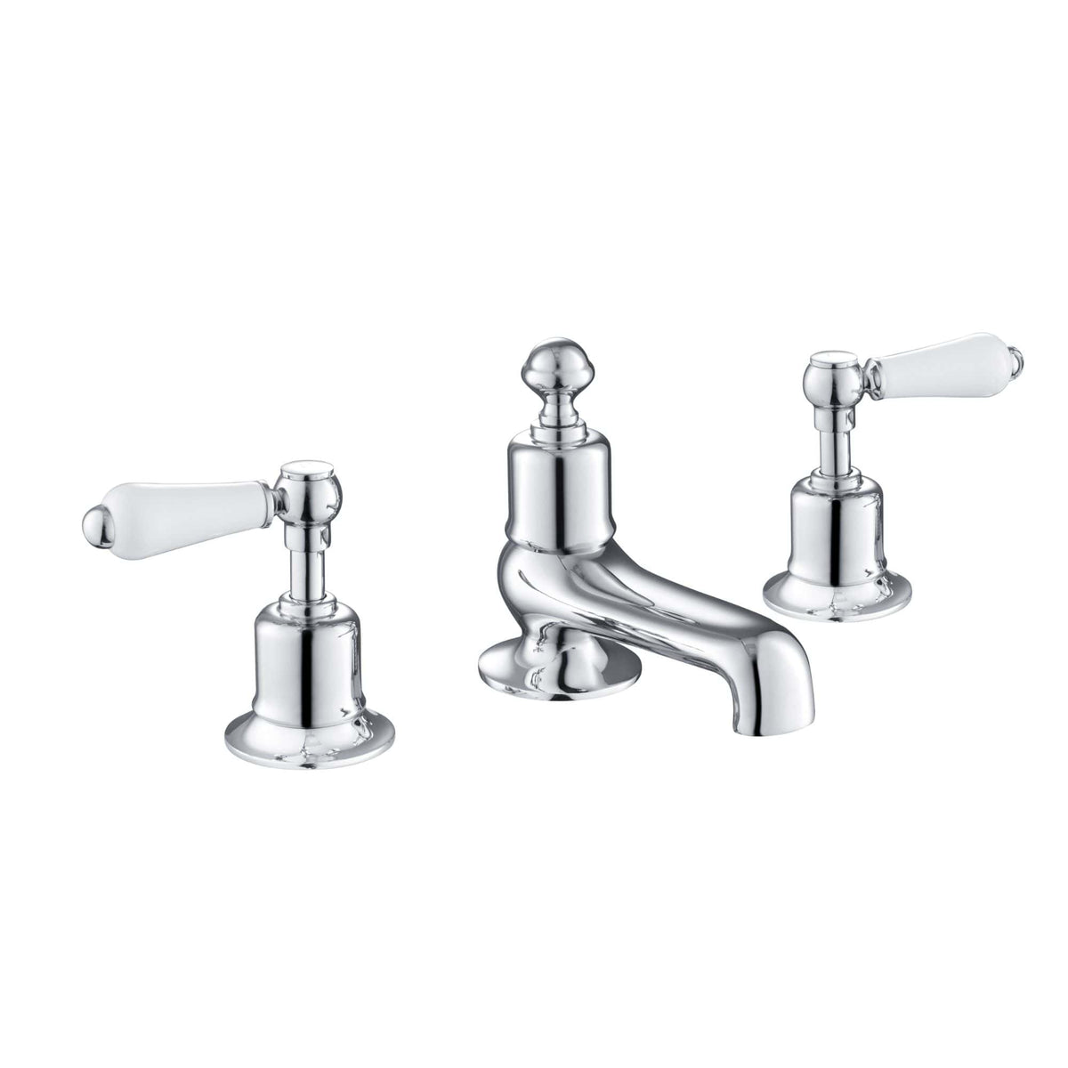 Polished chrome bathroom tap with separate hot and cold handles, elegant design, ideal for classic or vintage bathroom styles.