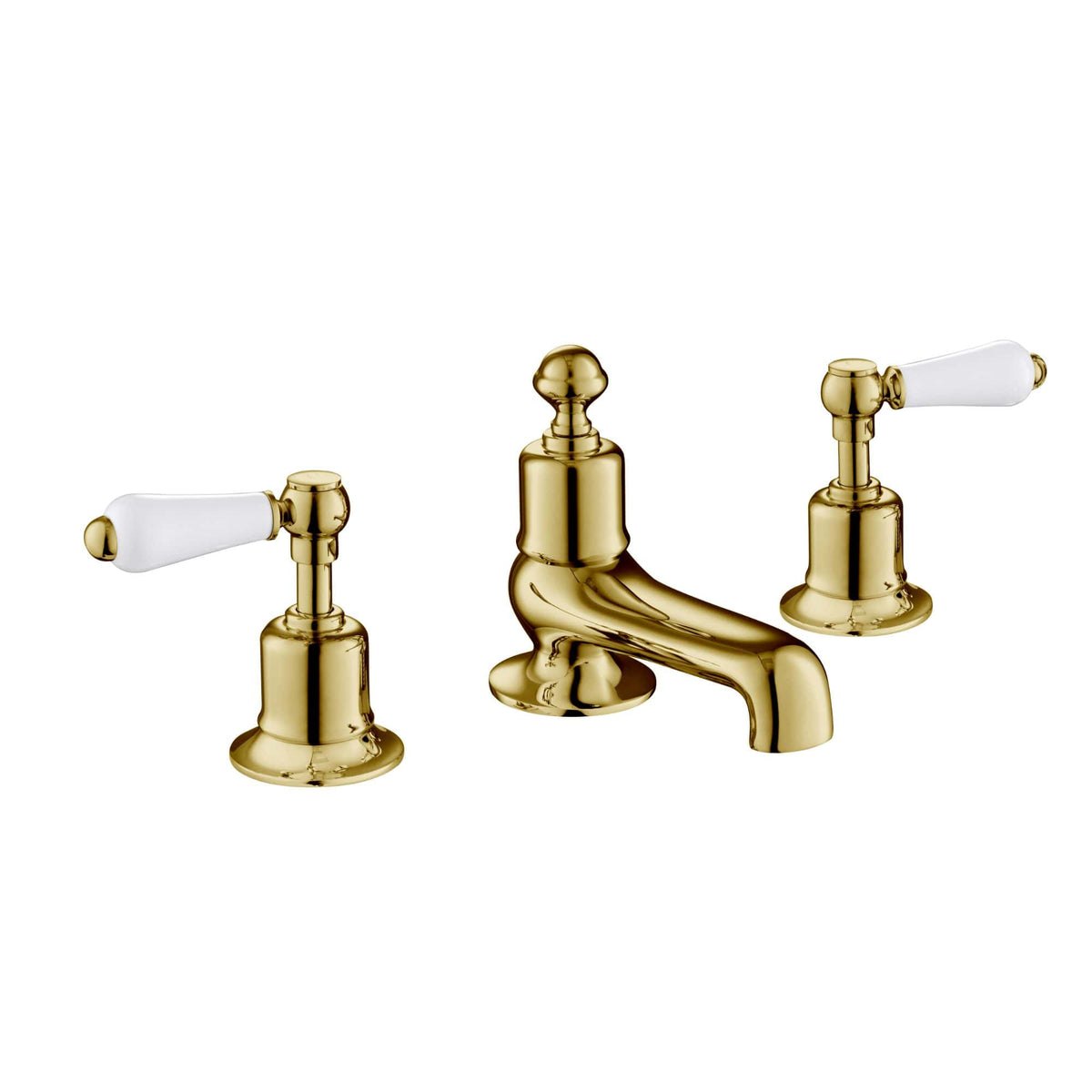 Luxurious gold bathroom tap set with white ceramic handles, elegant design, perfect for classic or vintage bathroom decor, high-quality fixtures by Bubly Bathrooms.