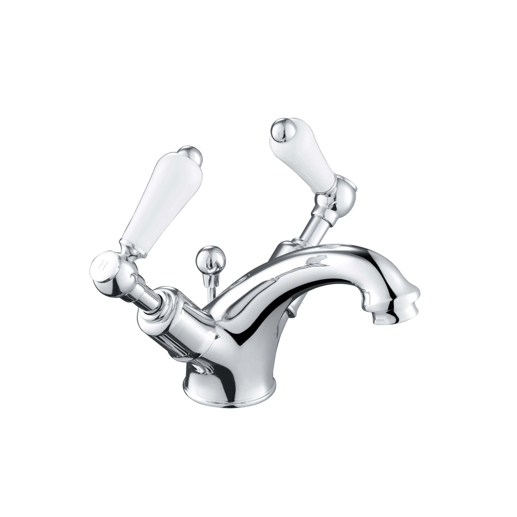 Shiny chrome bathroom sink mixer tap with dual white ceramic handles, modern classic style, perfect for contemporary bathroom decor, high-quality fixtures, and reliable water control.