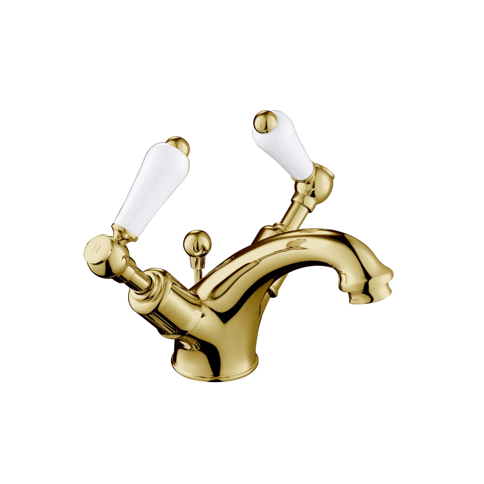 Luxurious gold bathroom mixer tap with white ceramic handles, elegant design, perfect for high-end bathroom fixtures, blending classic style with modern elegance.
