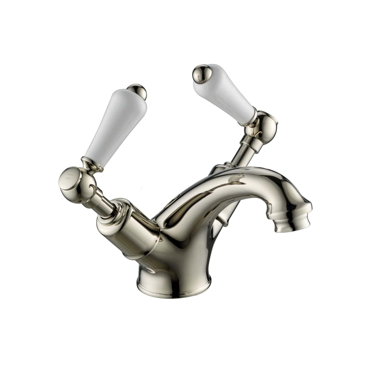 Polished chrome double handle bathroom sink tap with white ceramic knobs, ideal for luxury bathroom decor and modern plumbing fixtures.