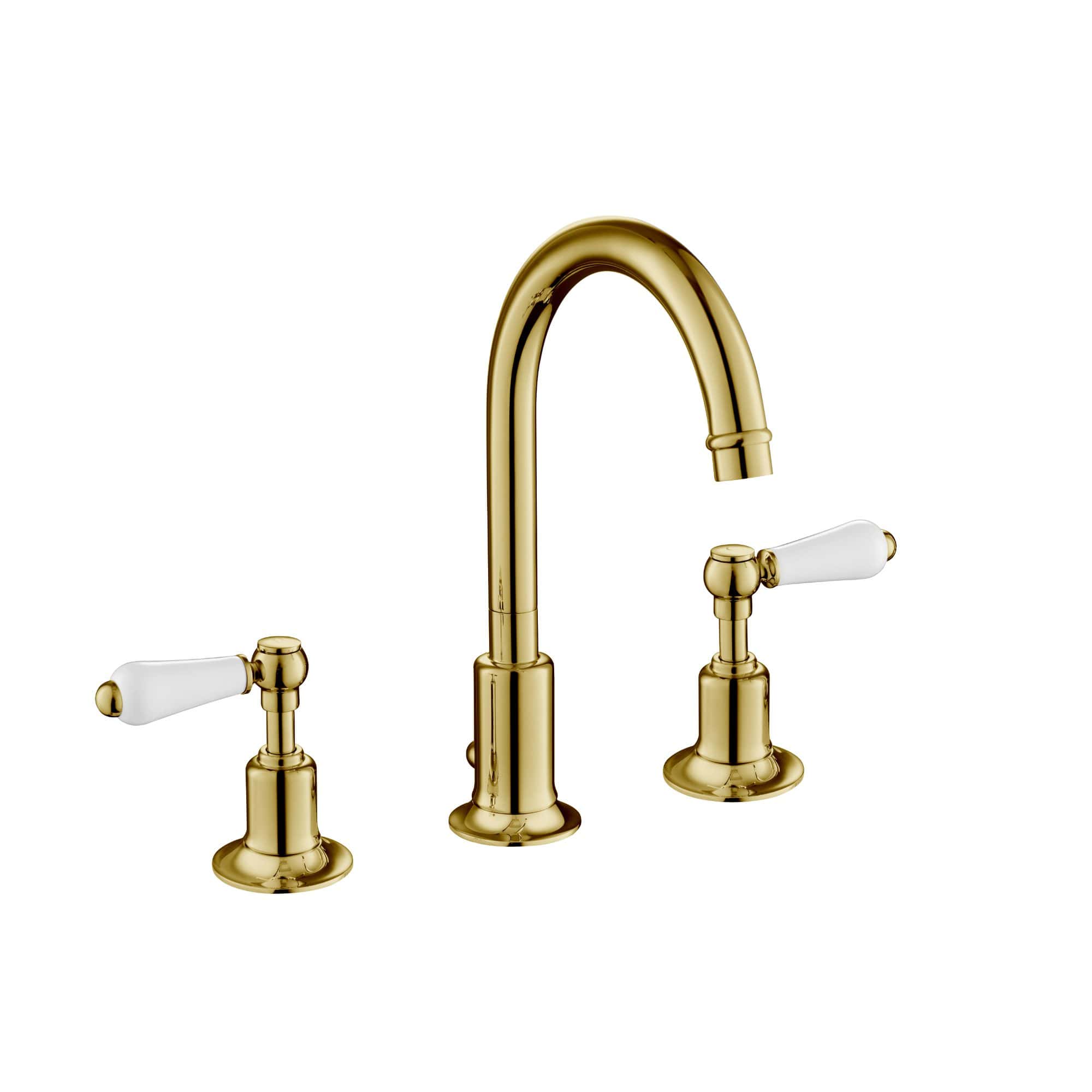 Luxurious gold bathroom tap with white ceramic handles, modern design for elegant bathrooms, premium quality fixtures, and advanced functionality.