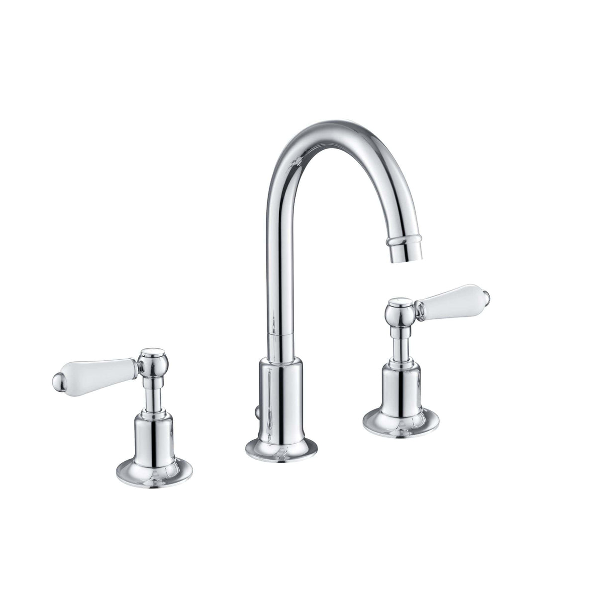 Luxurious chrome bathroom tap with dual handles and high-arc spout, designed for stylish kitchen or bathroom sinks. Made with durable, high-quality materials for long-lasting performance.