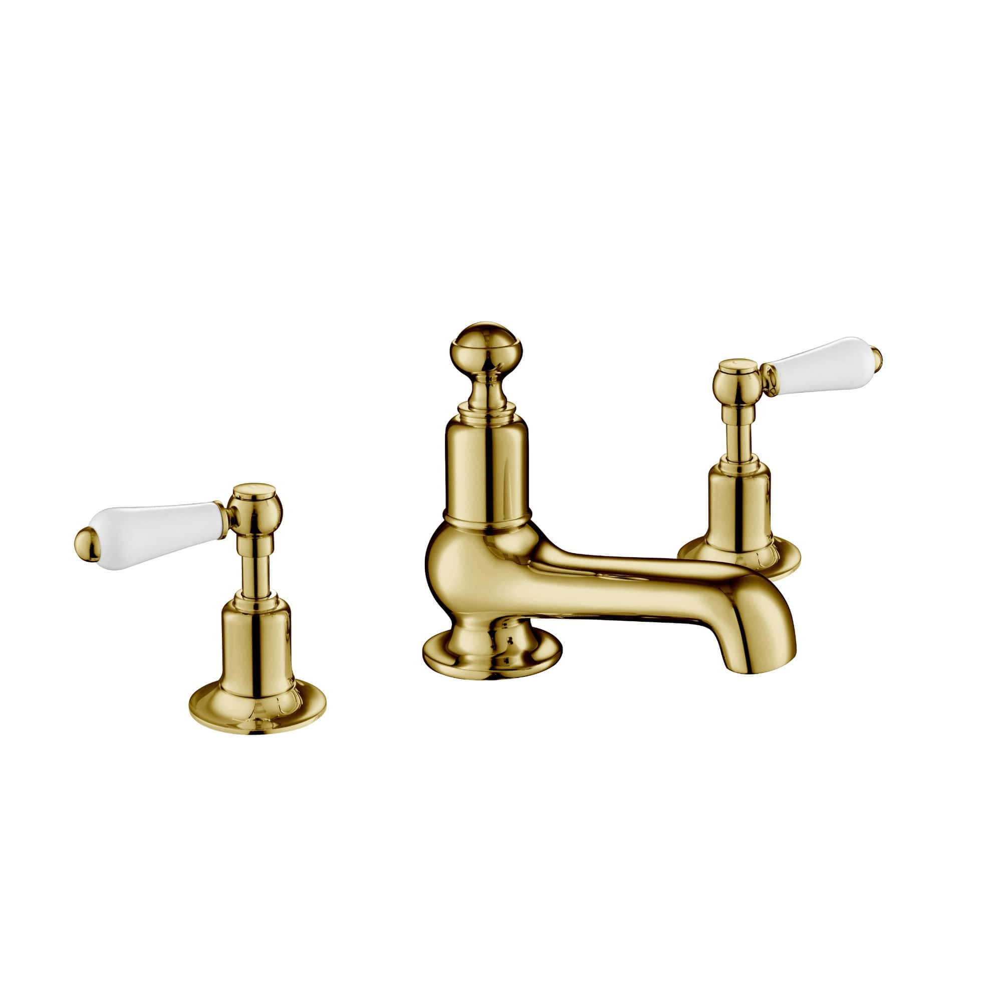 Polished gold bathroom tap set with vintage-style white ceramic handles, elegant design suitable for luxury bathrooms, part of Bubly Bathrooms' high-end fixture collection.