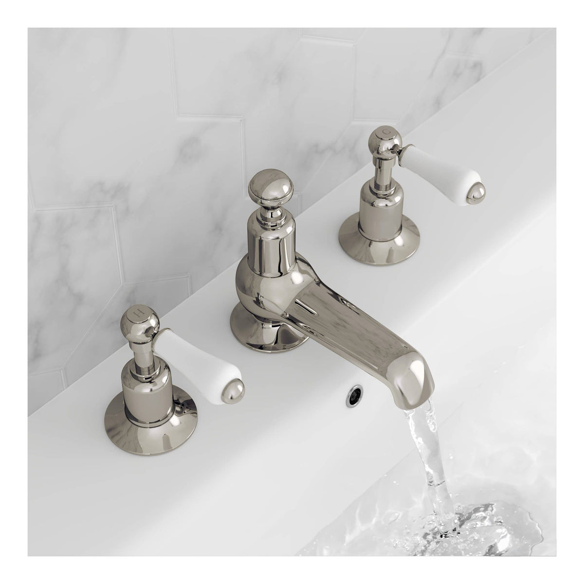 Shiny chrome bathroom tap set with white porcelain handles on a white bathroom sink, with water flowing, ideal for modern bathroom fixtures and bathroom renovation ideas.