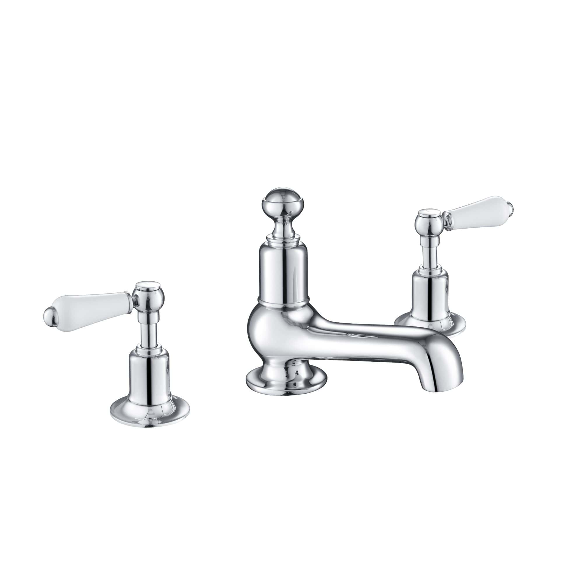 Bright chrome bathroom taps set with traditional design, including two handles and central spout, ideal for classic bathroom decor and reliable water control.