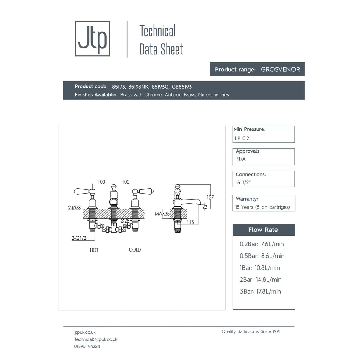 Brass bathroom tap with chrome finish and dual handles for hot and cold water, technical data sheet for GROSVENOR series.