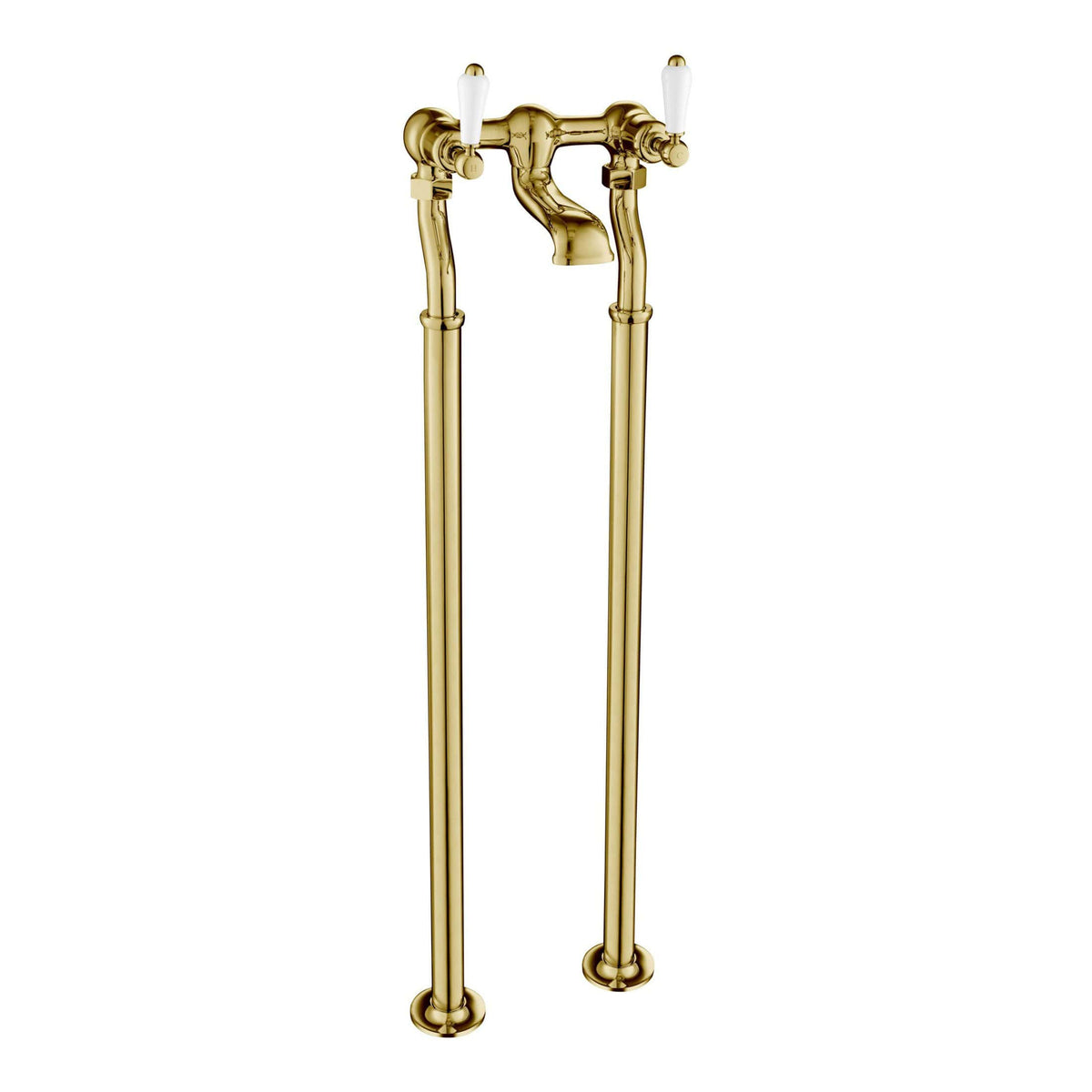 Polished brass freestanding bathroom tap with dual handles, vintage style, elegant design, perfect for classic bathroom decor, high-quality fixtures from Bubly Bathrooms.