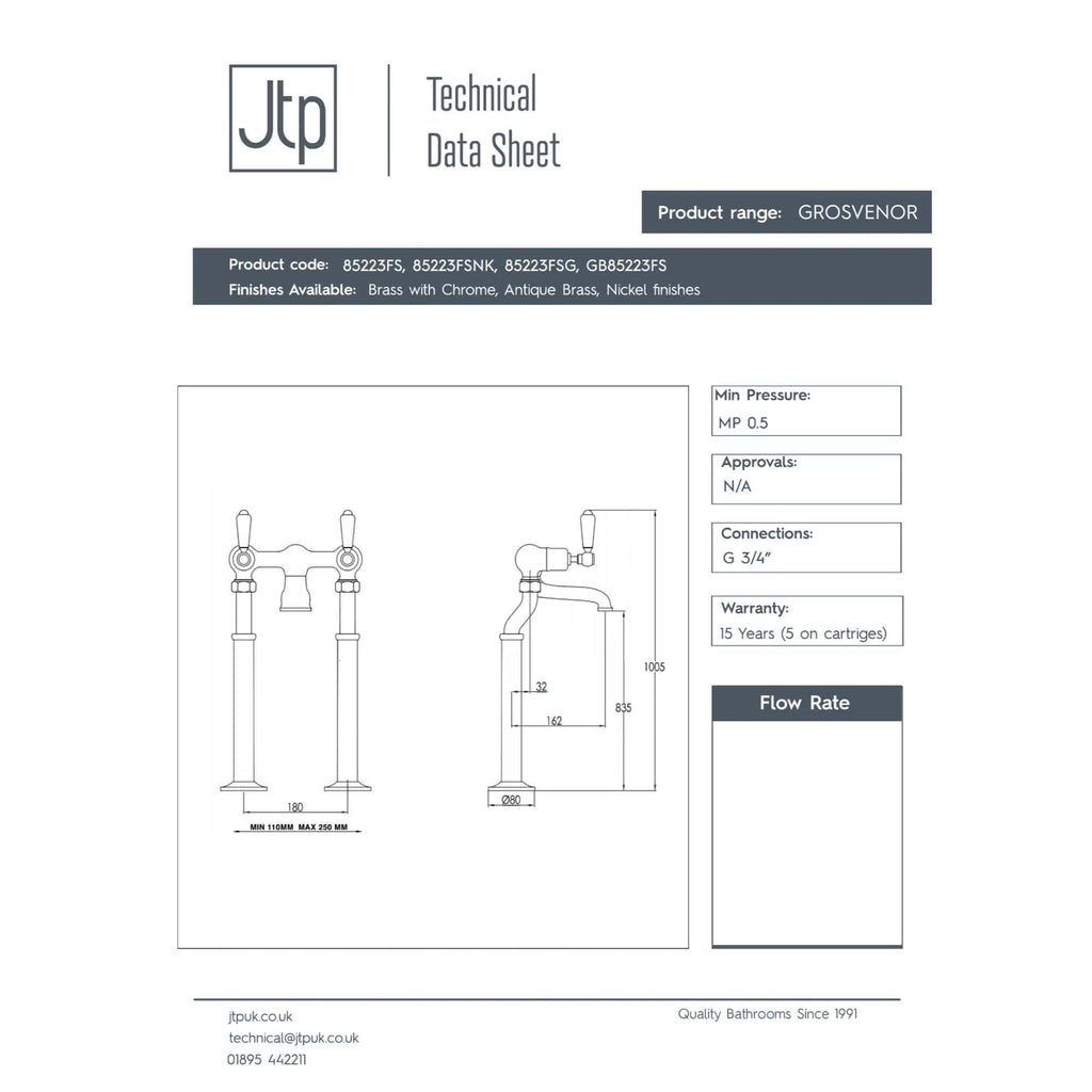 GROSVENOR bathroom tap technical diagram with dimensions and connection details for luxury bathroom fittings.