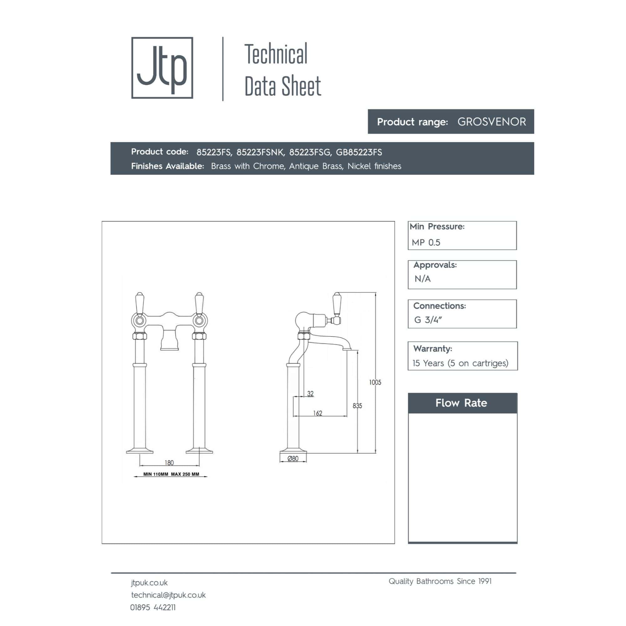 GROSVENOR bathroom tap technical diagram with dimensions and connection details for luxury bathroom fittings.