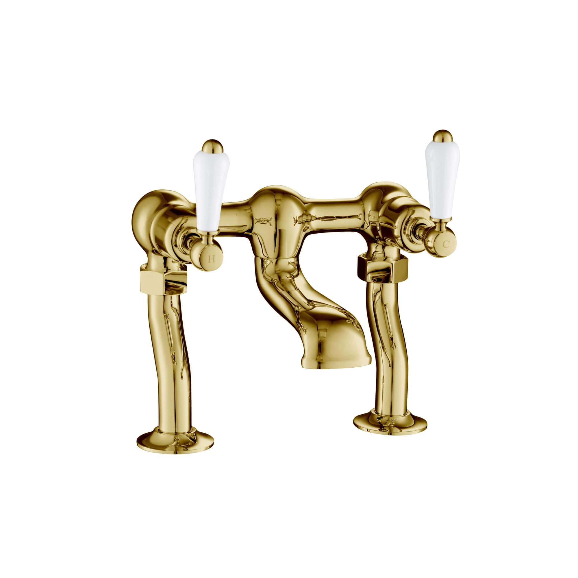Gold bathroom tap with dual handles and white ceramic lever controls, stylish fixture for elegant bathroom design.