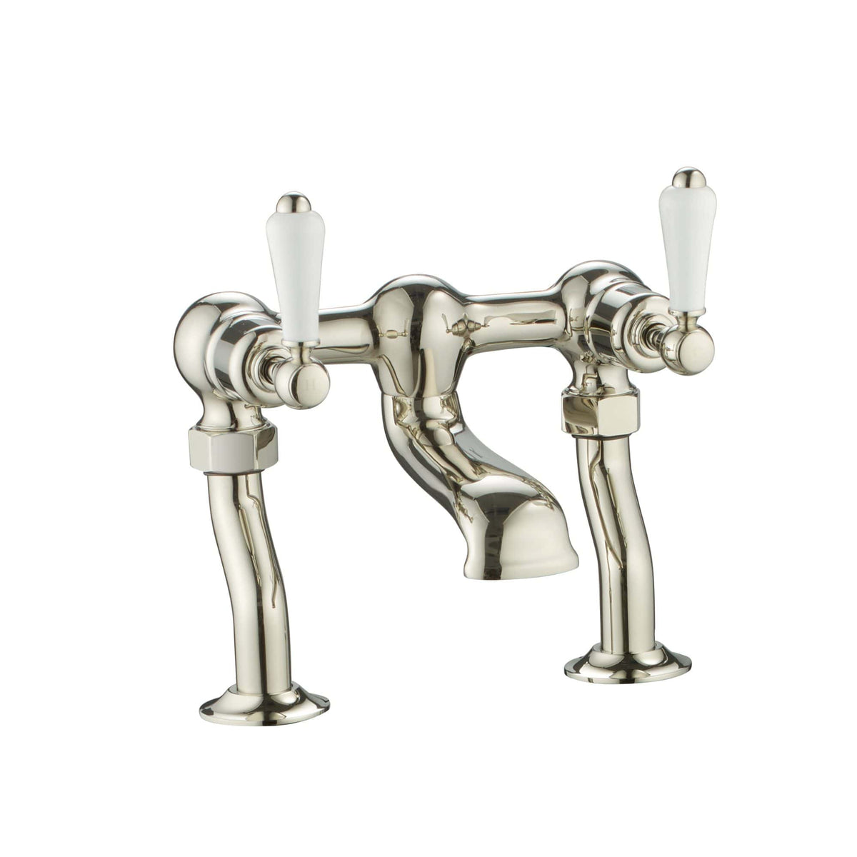 Polished chrome vintage style bathroom sink tap with white ceramic handles, ideal for traditional bathroom renovation. Perfect for adding a touch of elegance to your bathroom.