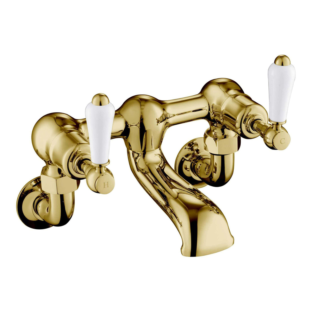 Shiny gold bathroom tap with white handles, vintage style, ideal for classic bathroom décor, high-quality fixture for luxurious bathroom environments.