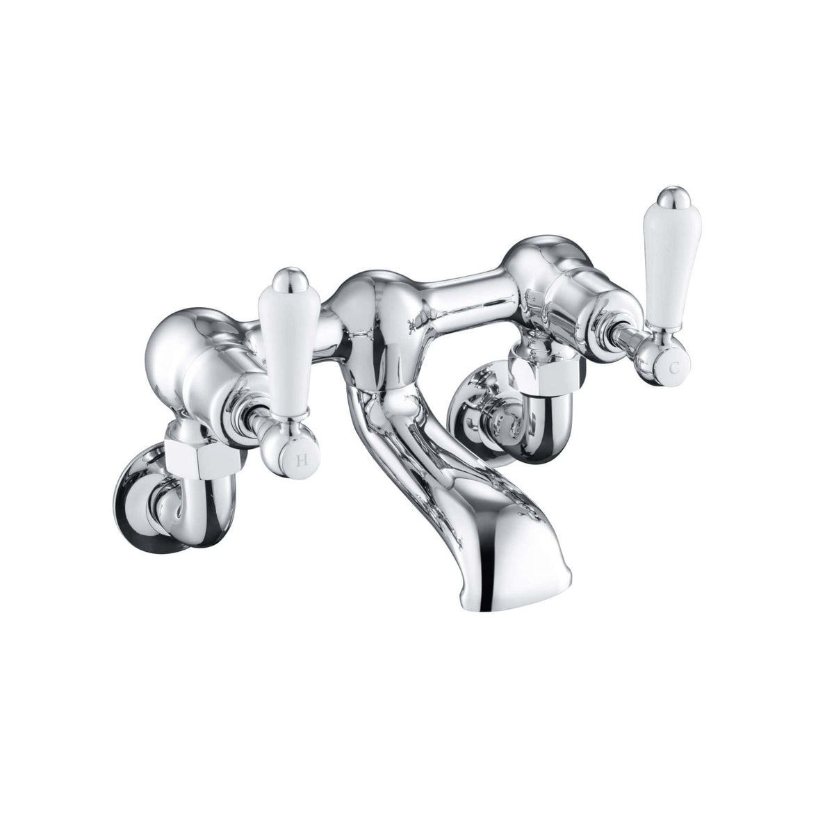 Polished chrome vintage-style bathroom tap with white ceramic handles, ideal for classic or traditional bathroom decor. Perfect for bath or basin installation, combining durability and timeless design.