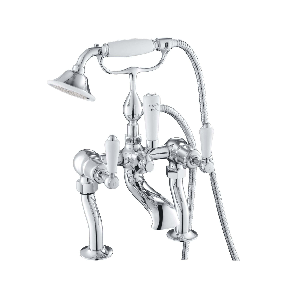 Luxury chrome bathroom bath and shower faucet with handheld shower head and vintage design. Perfect for modern or traditional bathroom renovations. High-quality brass construction with polished finish.