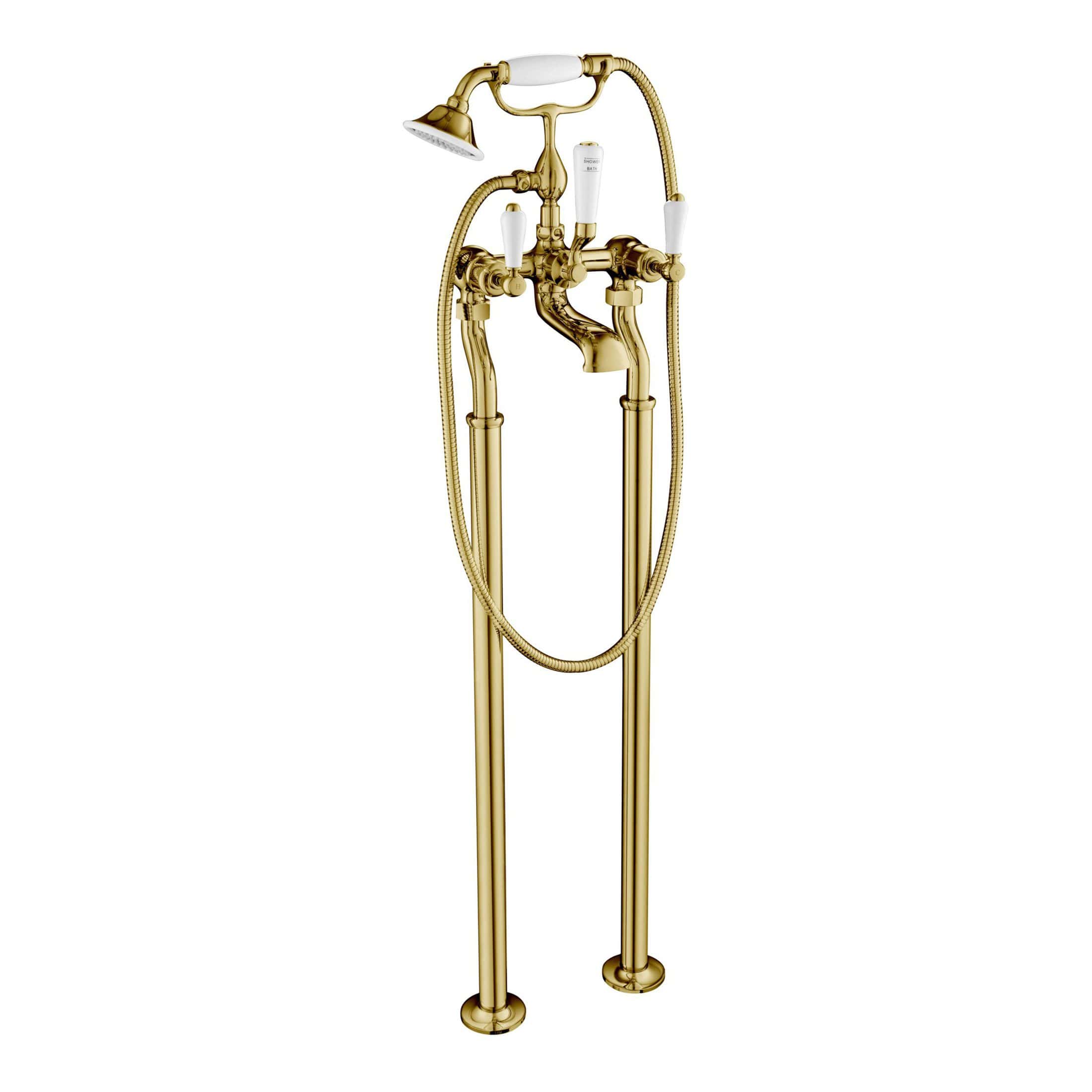 Brass bathtub faucet with handheld shower and classic design, luxury bathroom fixtures for elegant bubly bathrooms, high-quality bathroom tapware for stylish interiors.