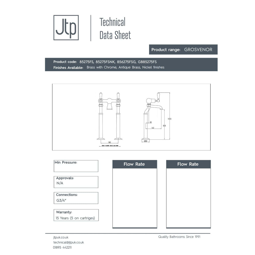 Grosvenor bathroom tap technical drawing with detailed dimensions and specifications for installation and plumbing.