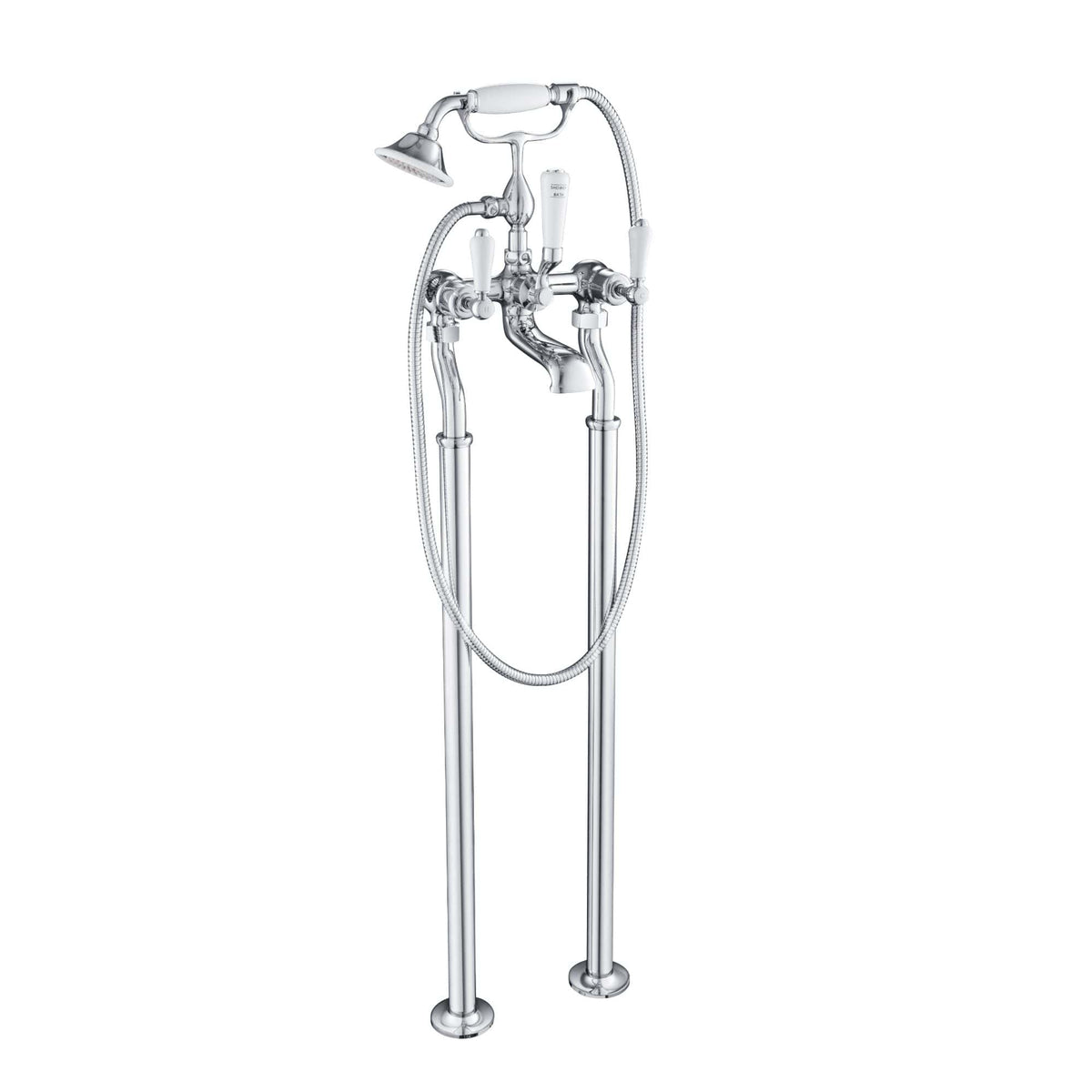 Polished chrome vintage freestanding shower and bath mixer with dual shower heads and hand shower for luxury bathroom renovation.