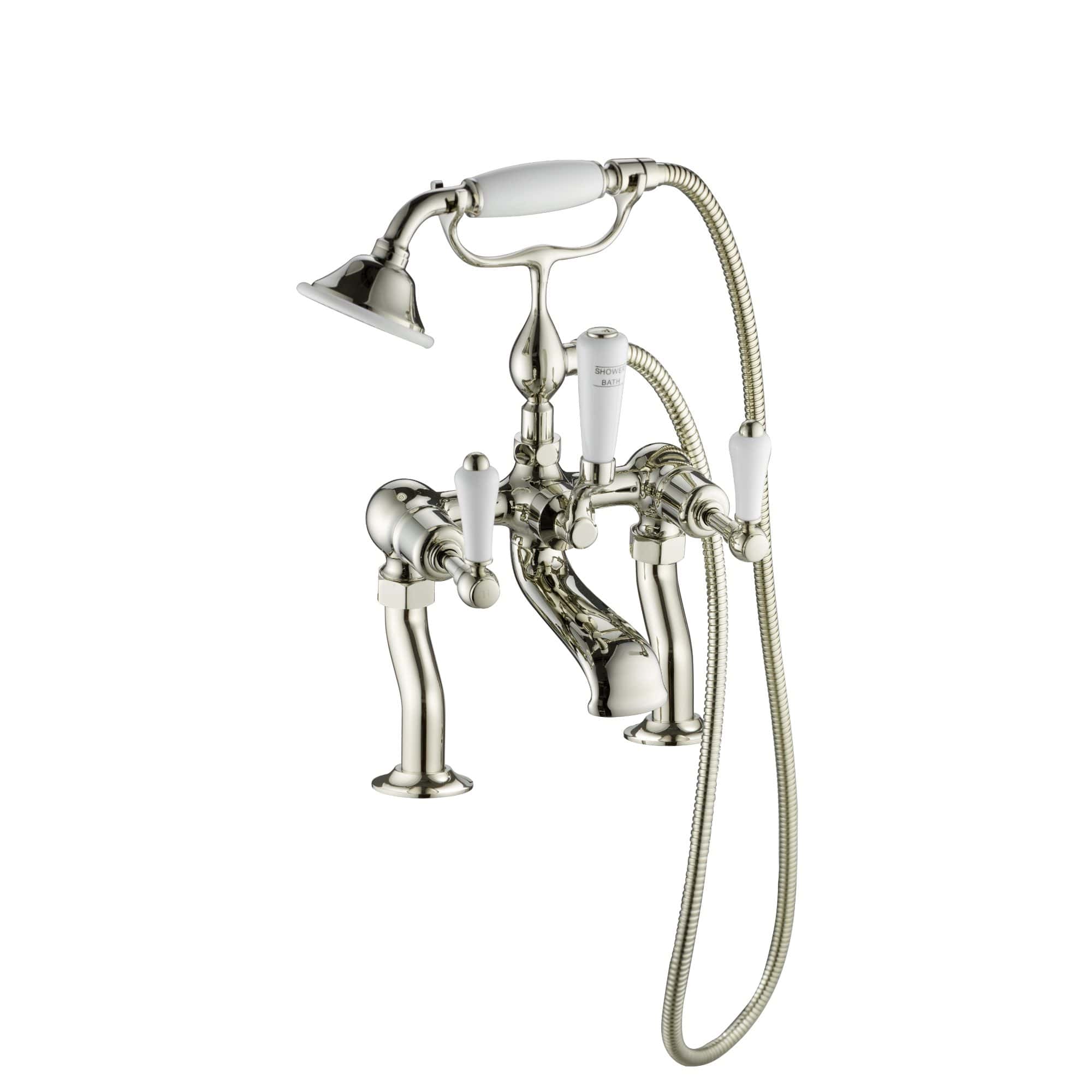 Vintage style silver bath filler with handheld shower and antique design.