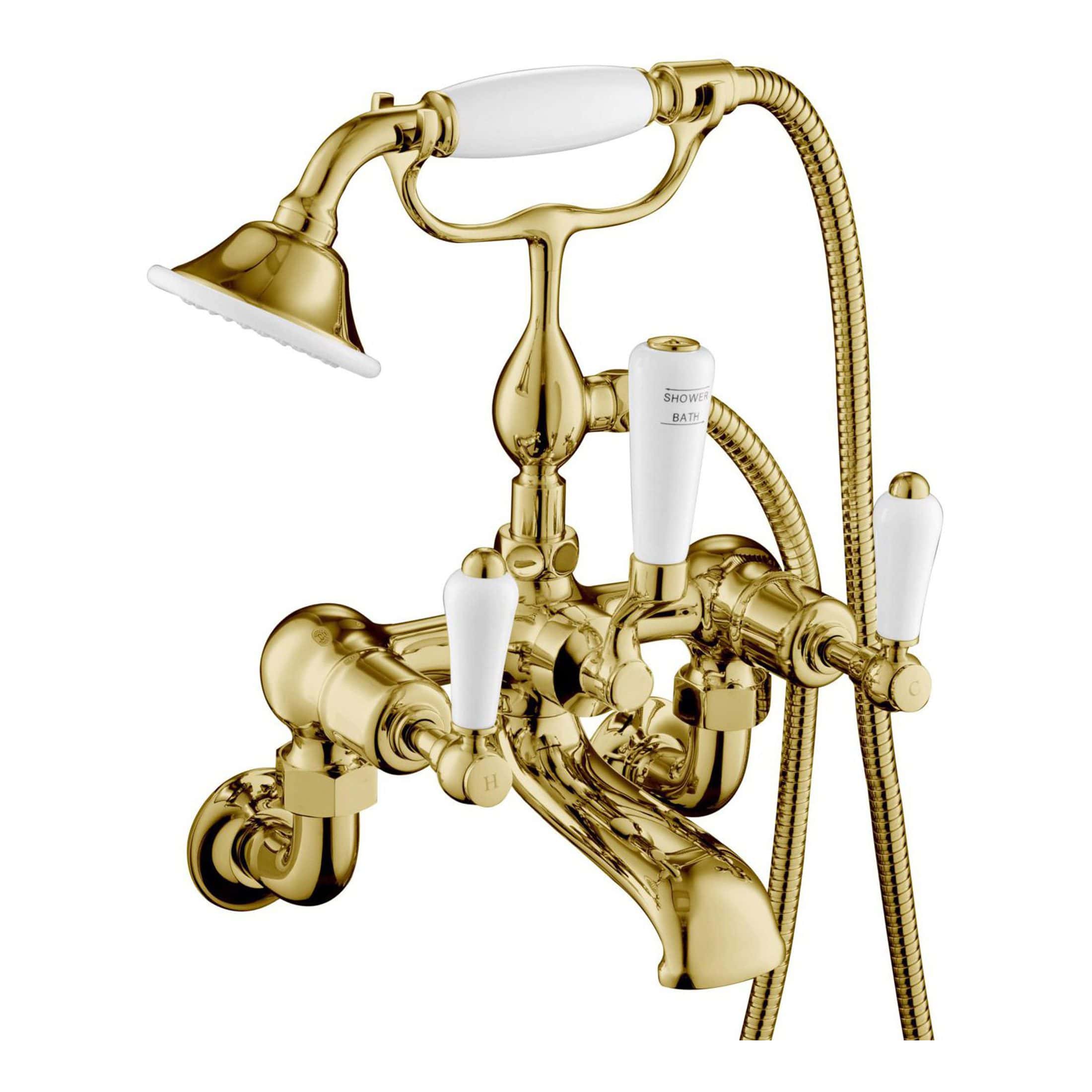 Luxurious gold bathroom faucet with vintage design, featuring dual handles and a handheld shower, perfect for upscale bathroom renovations and sophisticated bath fixtures.
