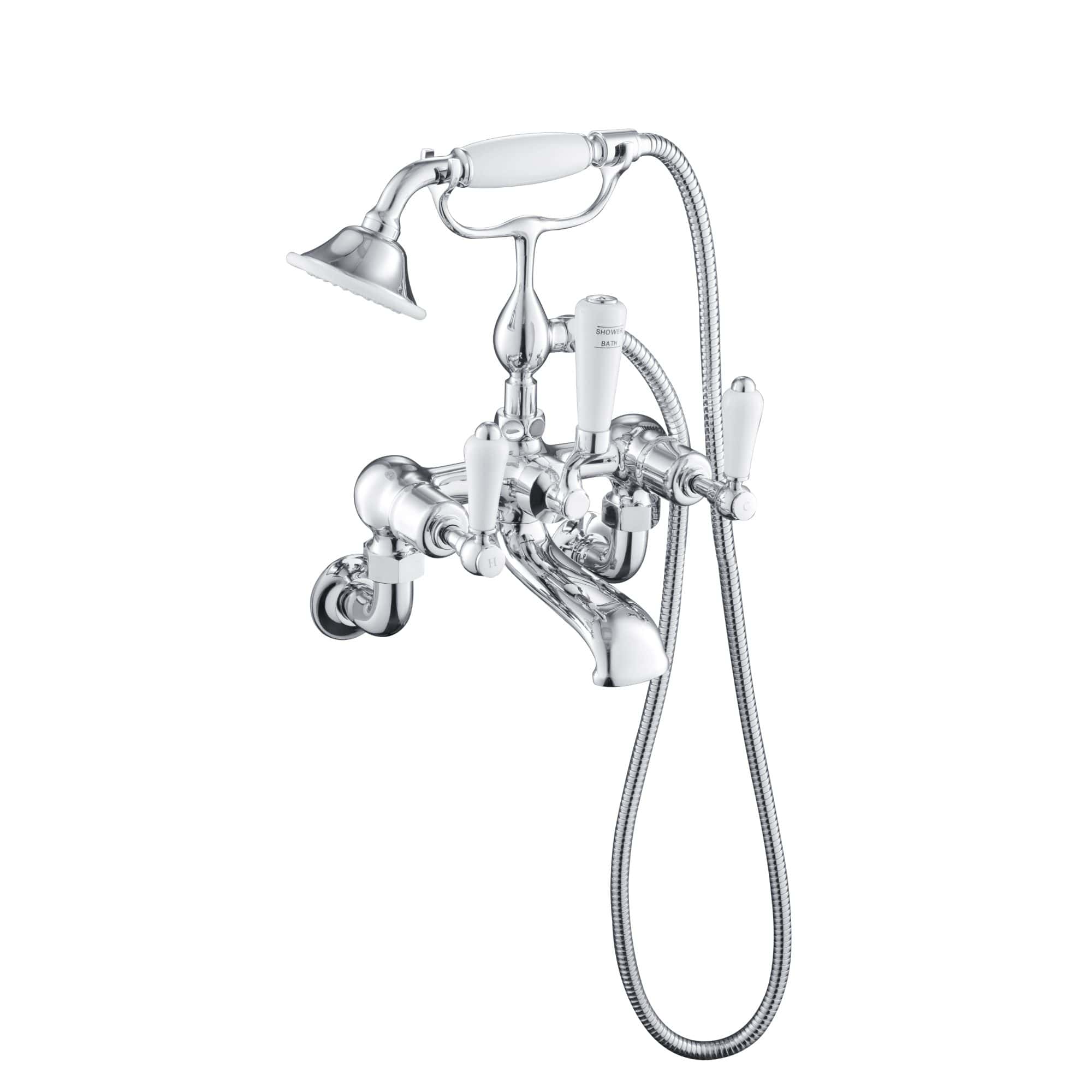 Chrome bath shower mixer tap with handheld shower head and flexible hose, ideal for luxury bathroom plumbing and modern bath or shower setups.