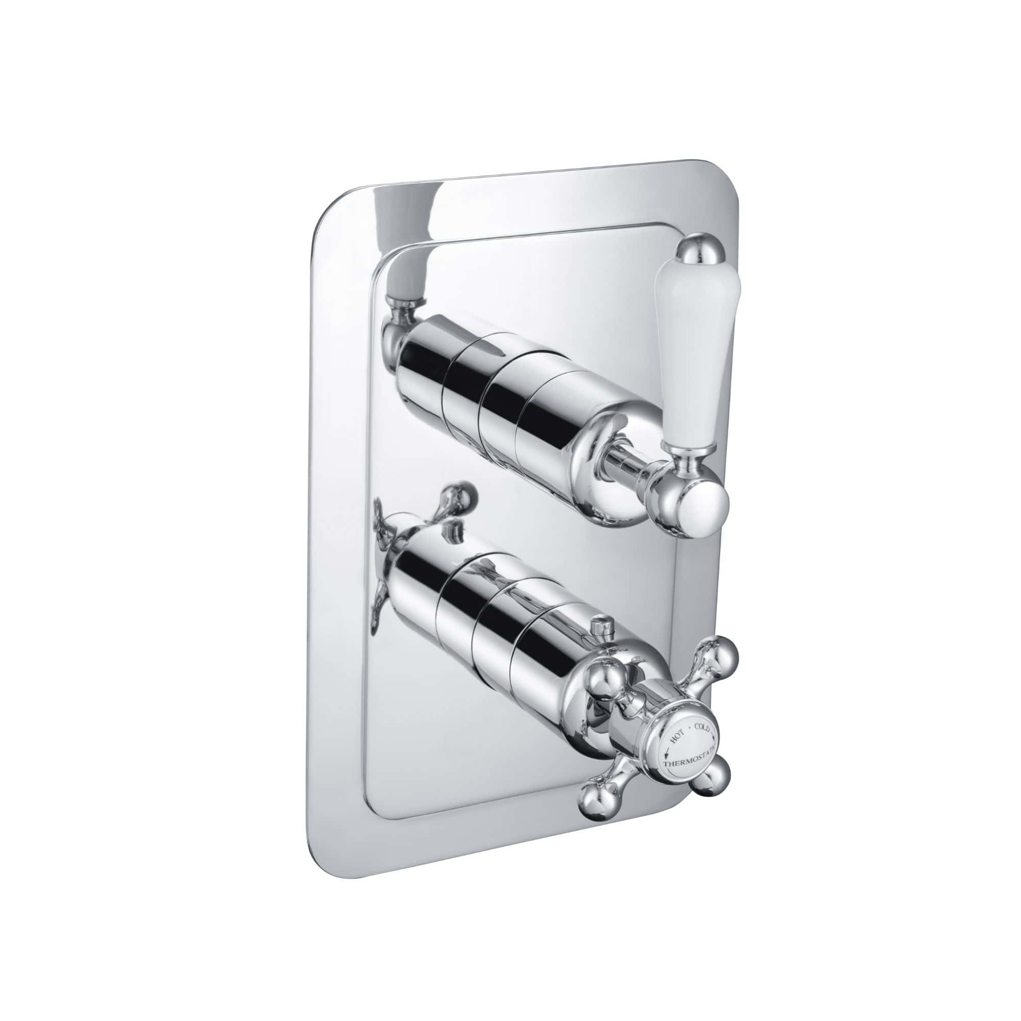 Polished chrome bath shower mixer tap with dual controls and vintage design, wall-mounted style for luxury bathroom renovations.