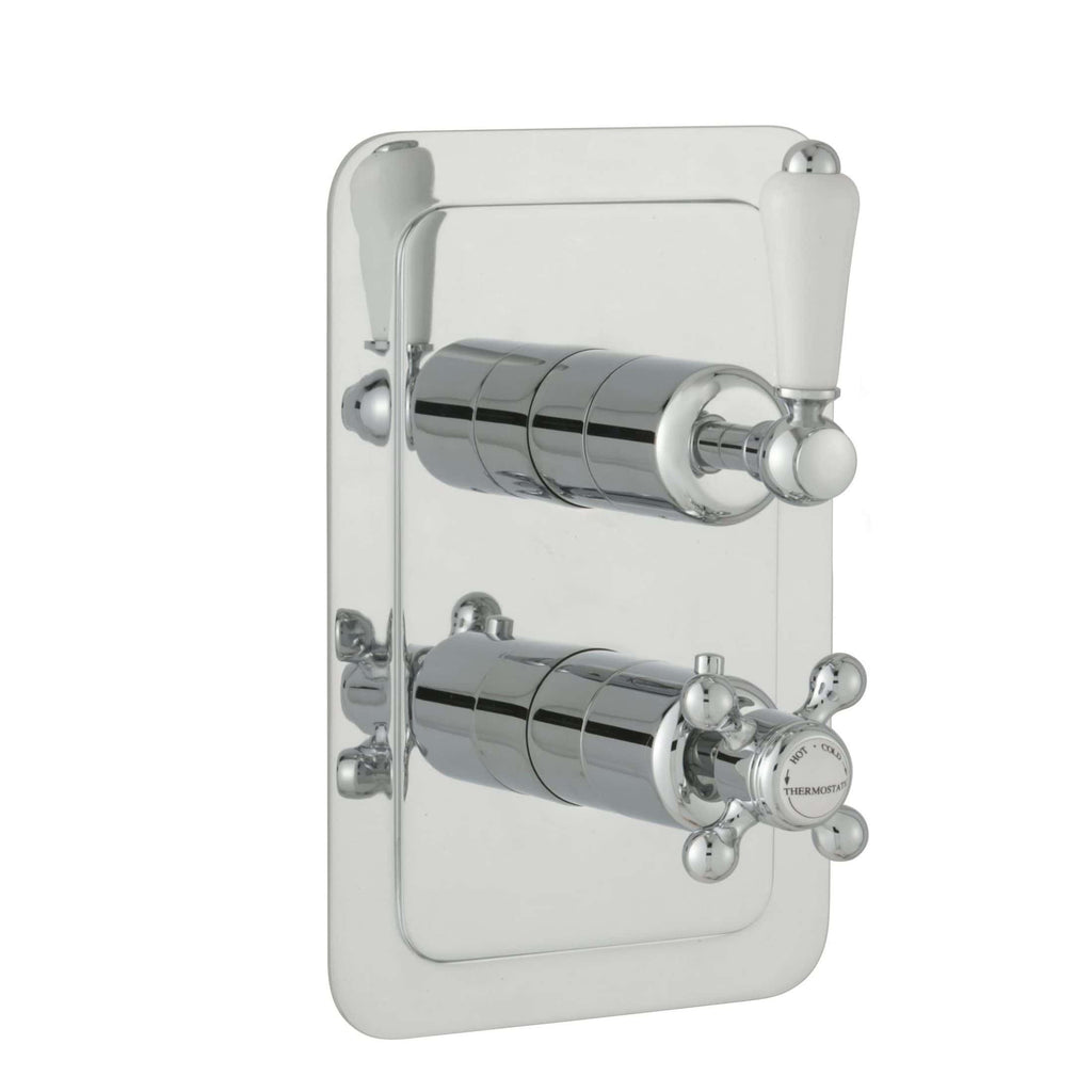 Chrome dual shower valve with thermostatic controls for precise temperature regulation in bathrooms.