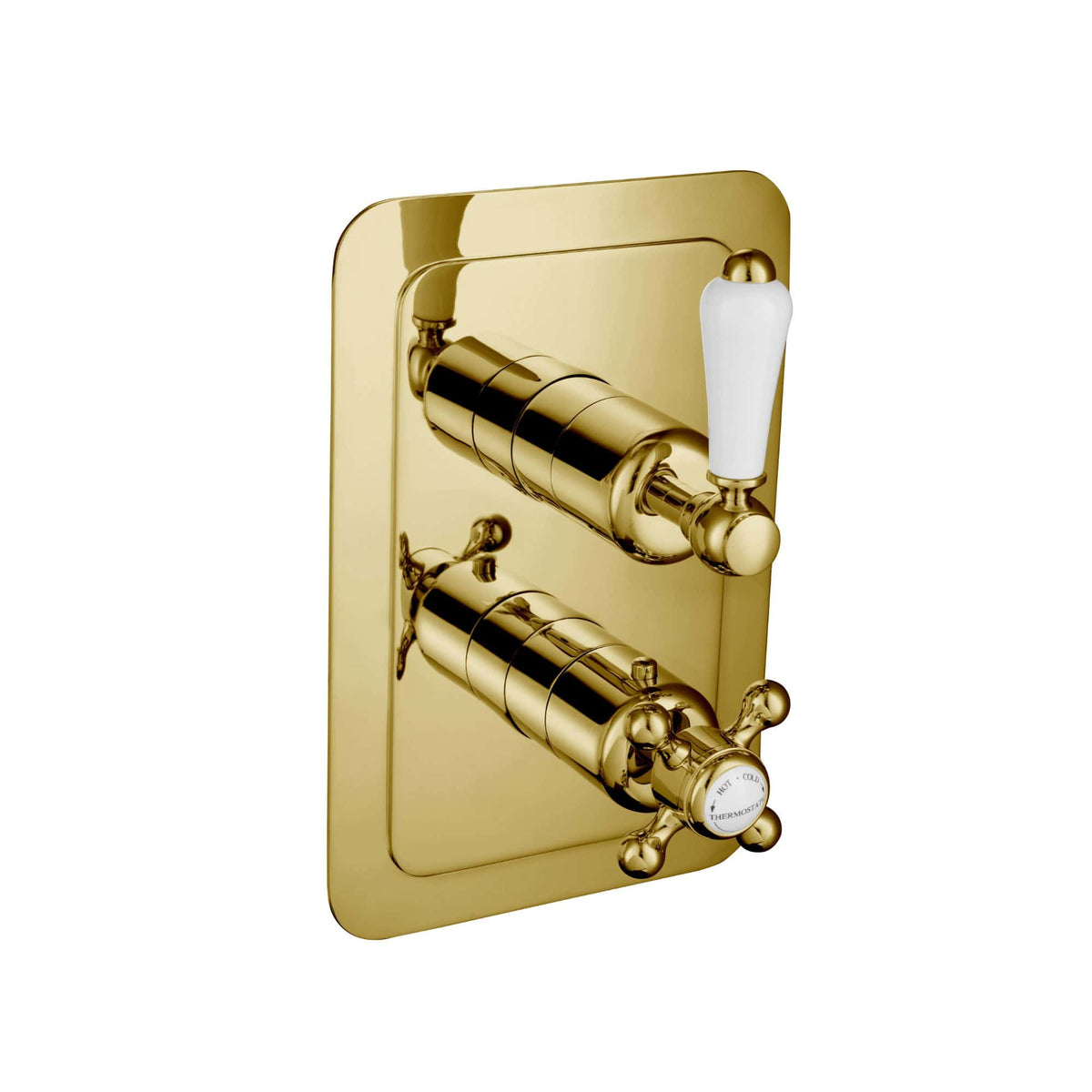 Luxurious gold bathroom tap with white ceramic handle, vintage design, wall-mounted fixture, ideal for high-end bathroom decor, elegant brass finish, classic style, and premium quality.