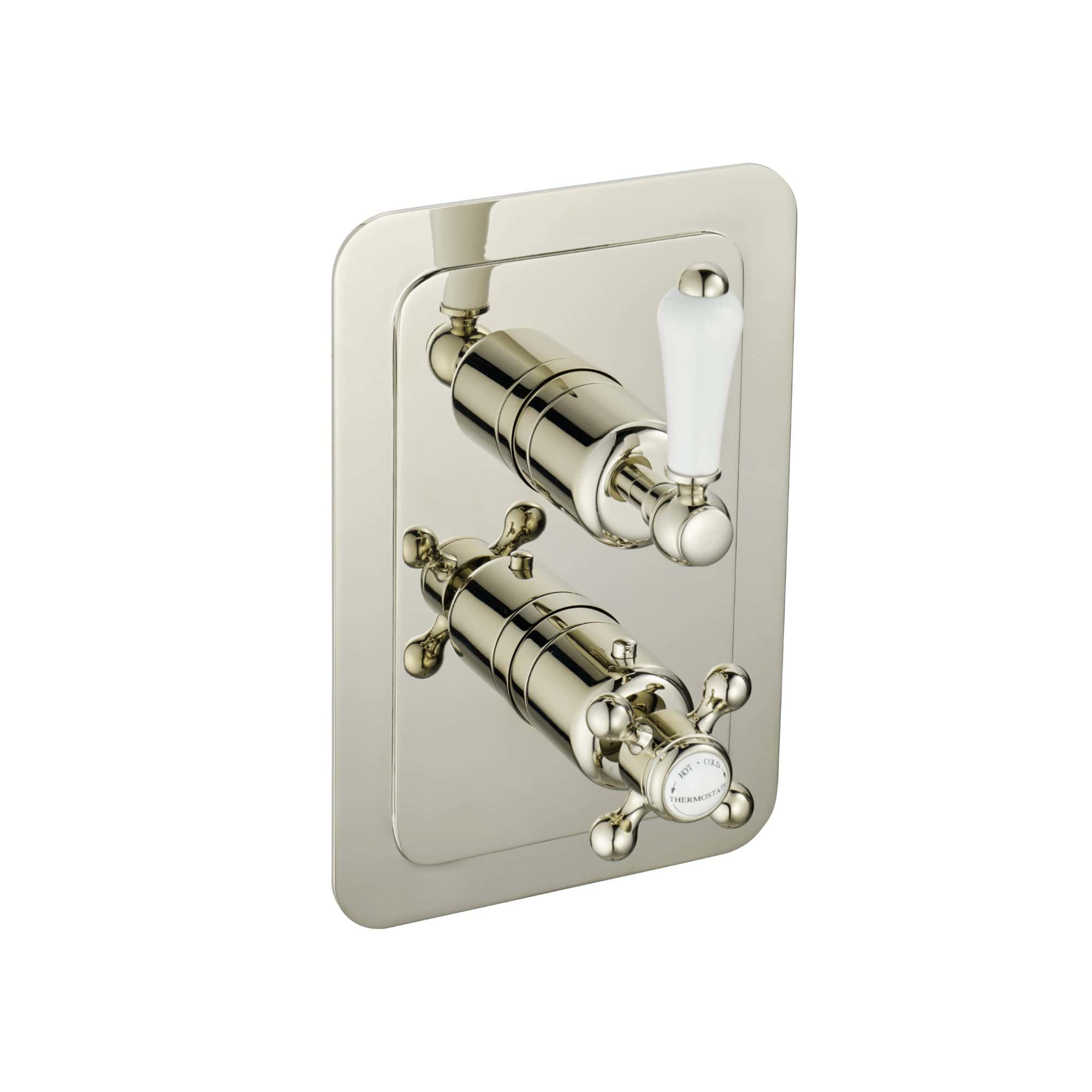 Polished brass vintage-style bathroom mixer tap with thermostatic control and dual handles, suitable for classic bathroom designs.