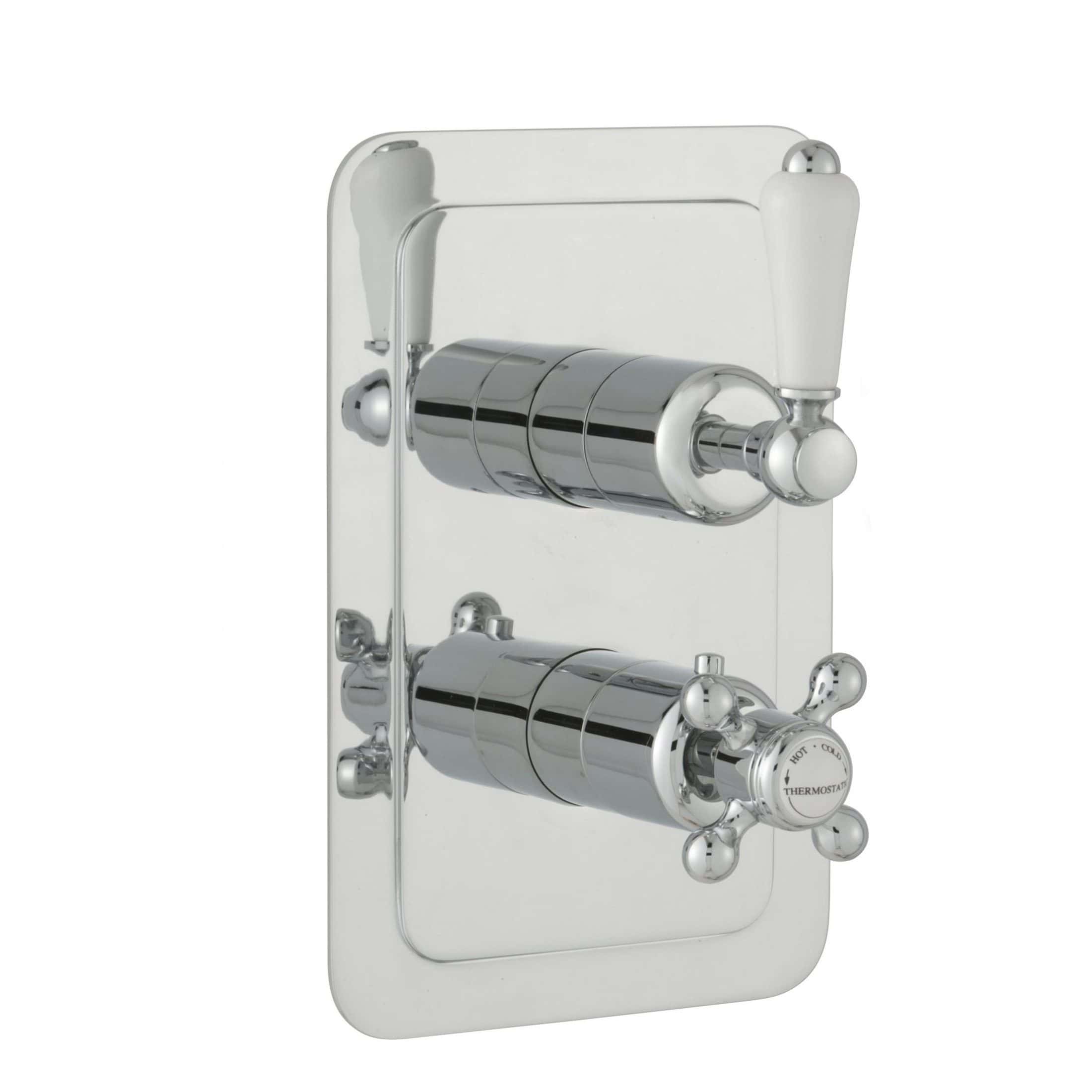 Chrome dual shower valve with thermostatic controls for precise temperature regulation in bathrooms.