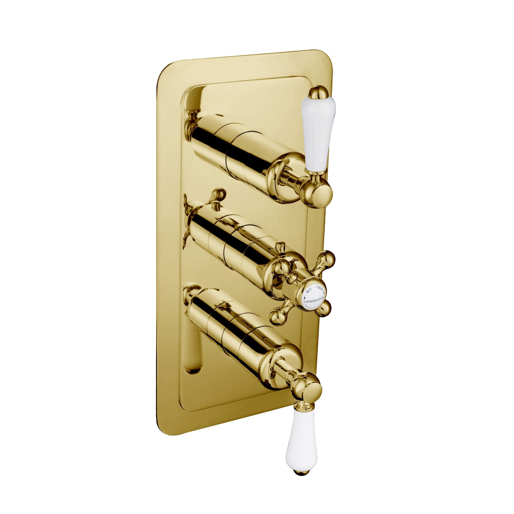 Luxurious brass bathroom wall-mounted tap with white ceramic handles, perfect for classic or vintage-inspired bathroom designs. High-quality finish and elegant look for premium bathroom fixtures.