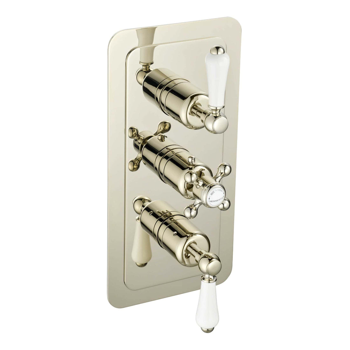 Shower thermostat with chrome finish, vintage-style dual control valves and porcelain handles, ideal for luxurious and classic bathroom upgrades.