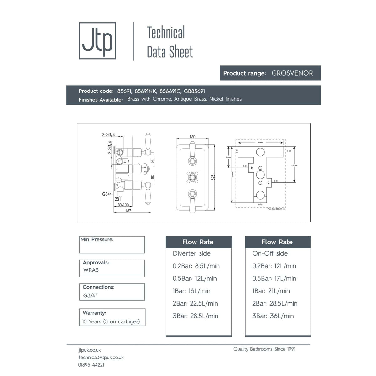 GROSVENOR bathroom mixer tap technical drawing with dimensions and flow rate specifications for optimal bathroom faucet installation.