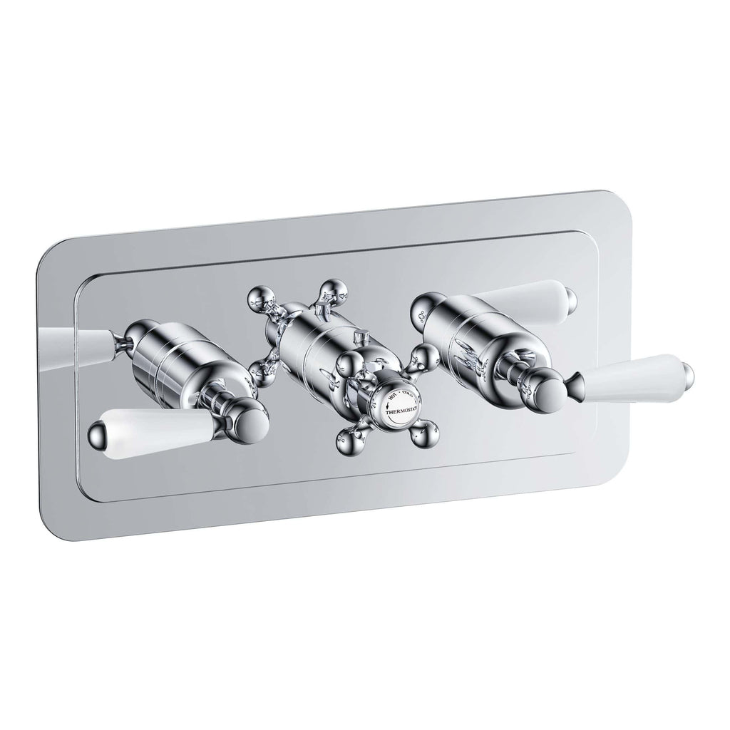 Polished chrome bathroom tap control panel with vintage-style handles and central thermostat, ideal for elegant bathroom decor.