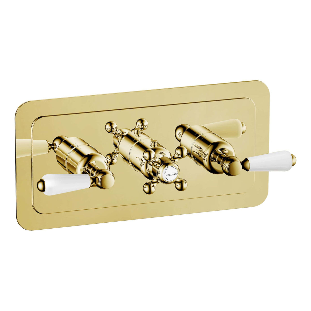 Intricate gold-plated bathroom faucet with vintage design, featuring white ceramic handles and a central thermostat for precise temperature control, perfect for luxurious bathroom interiors.
