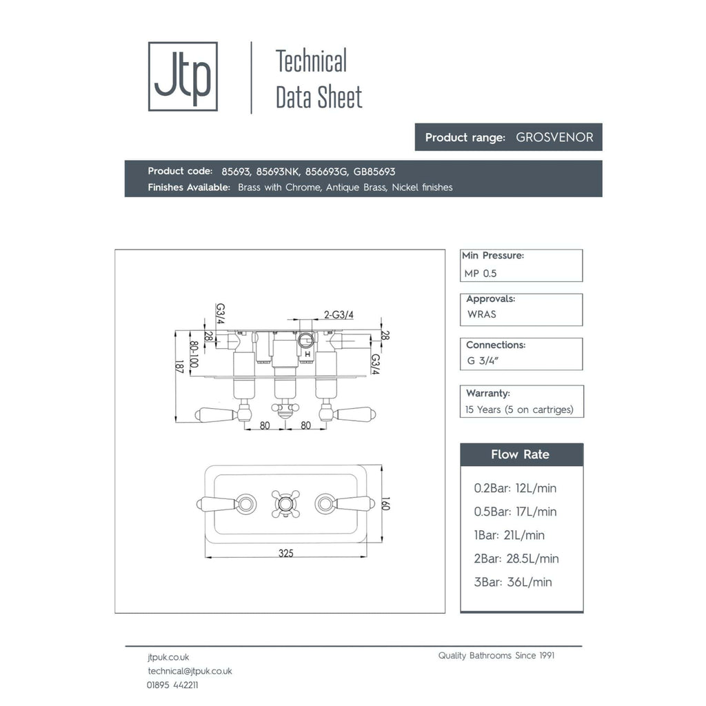 High-quality bathroom fixture technical data sheet for Grovenor tap range, featuring detailed dimensions, connection sizes, flow rates, and warranty information. Essential for bathroom design and plumbing projects.