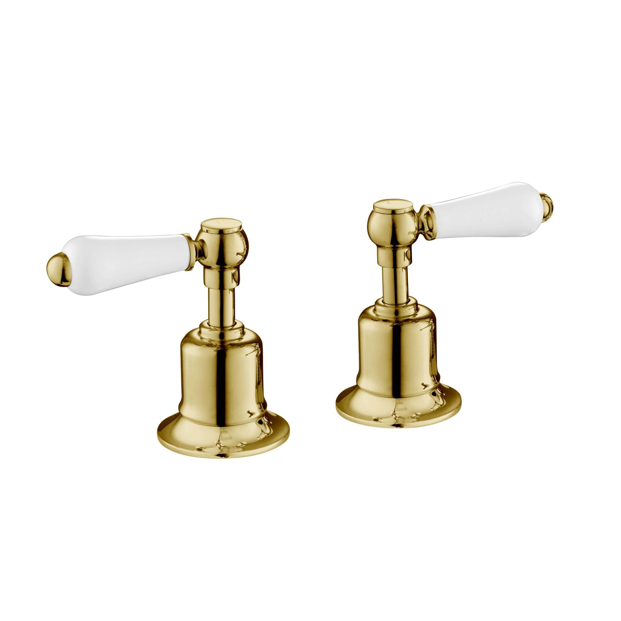 Polished brass bathroom tap handles with white ceramic levers, elegant vintage style. Perfect for classic bathroom fixtures and restoration projects. High-quality brass and ceramic detailing.