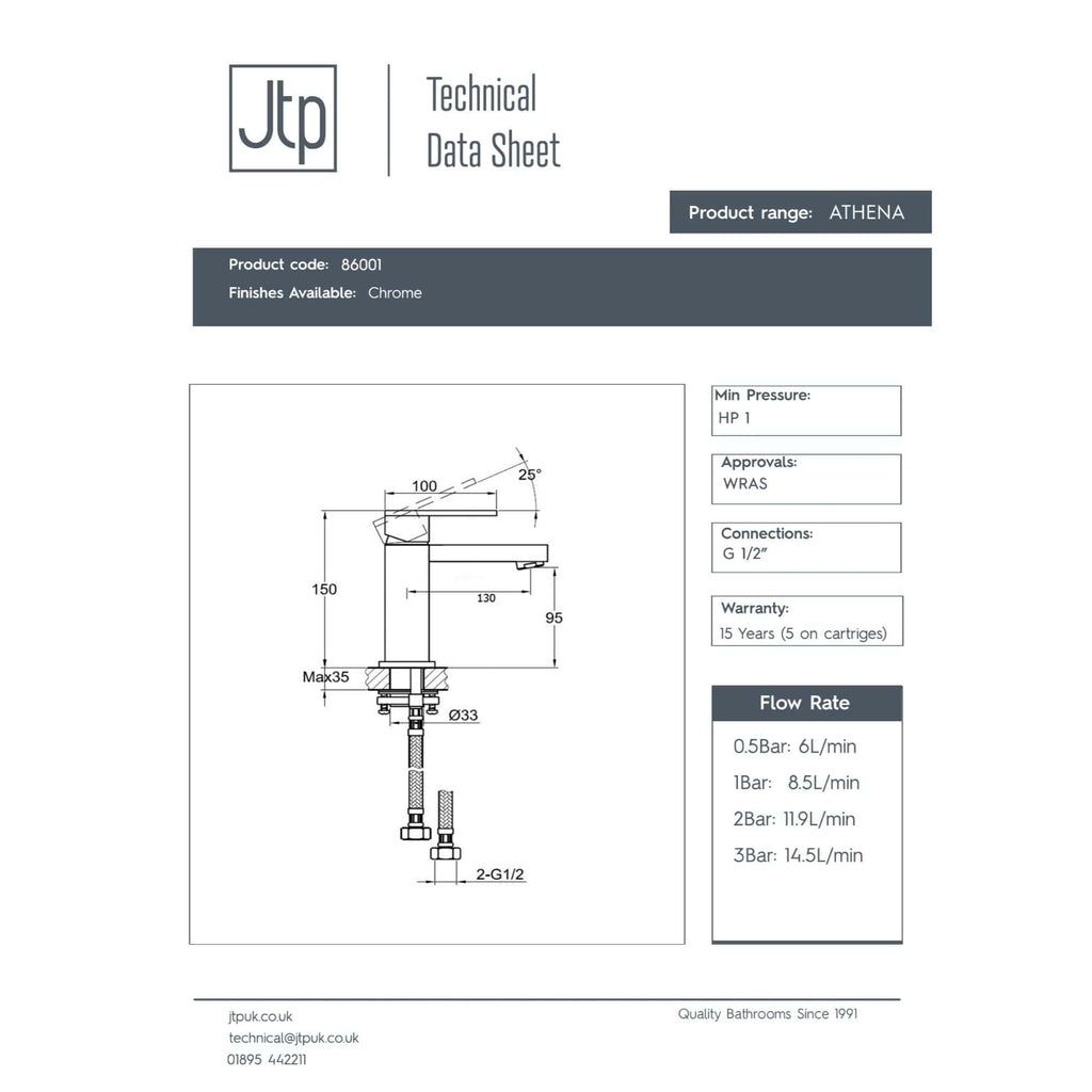 High-quality bathroom faucet in chrome finish with detailed technical drawing, measurements, and connection specifications for modern, reliable bathroom installations.