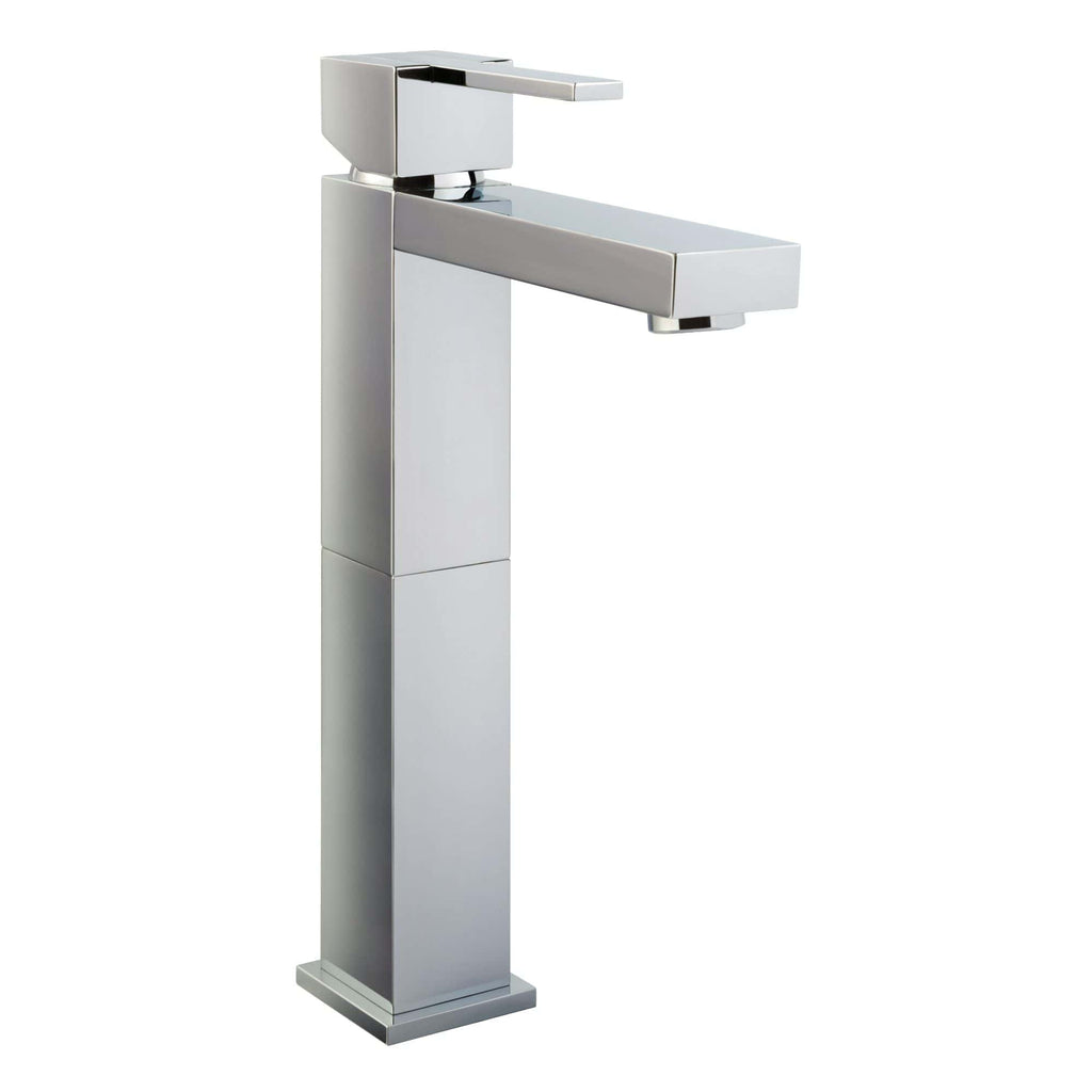 Sleek modern chrome bathroom faucet with a rectangular design, perfect for contemporary bathroom decor and high-quality fixtures.