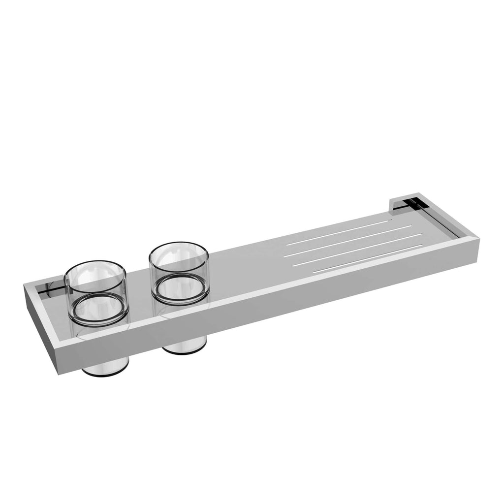 Sleek modern bathroom shelf with two glass holders and a drainage area, ideal for organisation and storage, made from durable materials for contemporary bathroom decor.