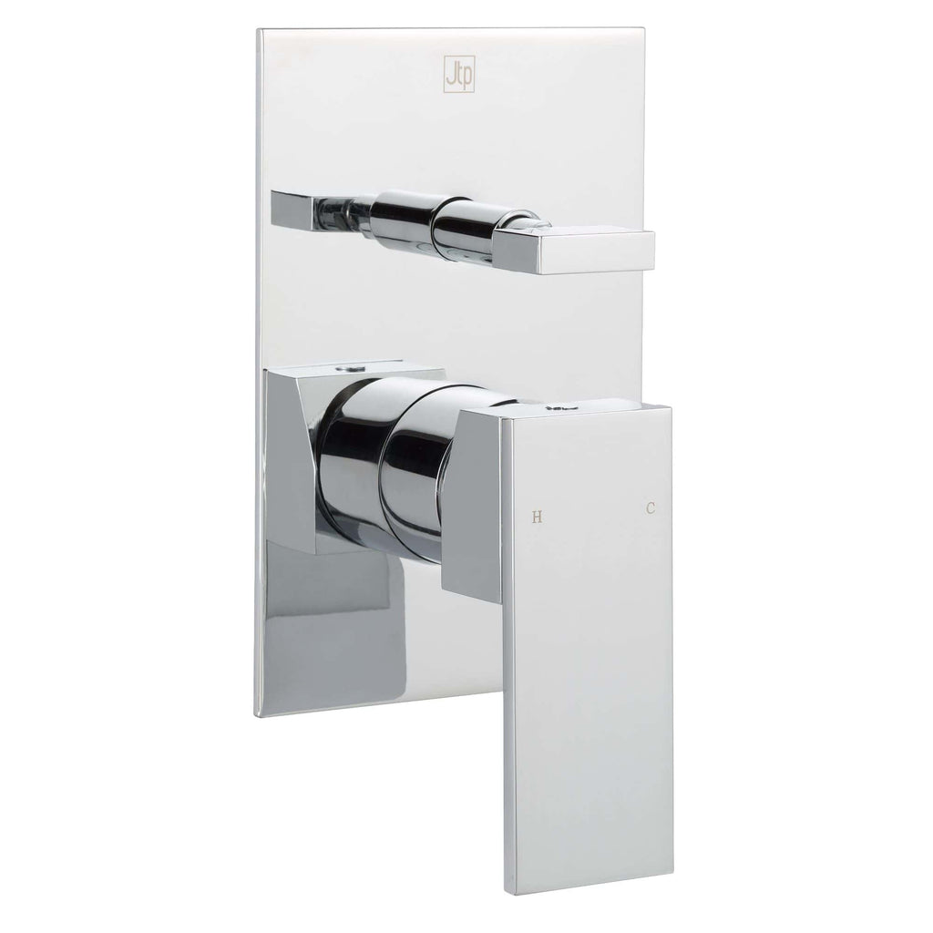 Sleek modern chrome thermostatic shower valve with dual control for precise temperature and flow adjustment, ideal for luxury bathroom installations.